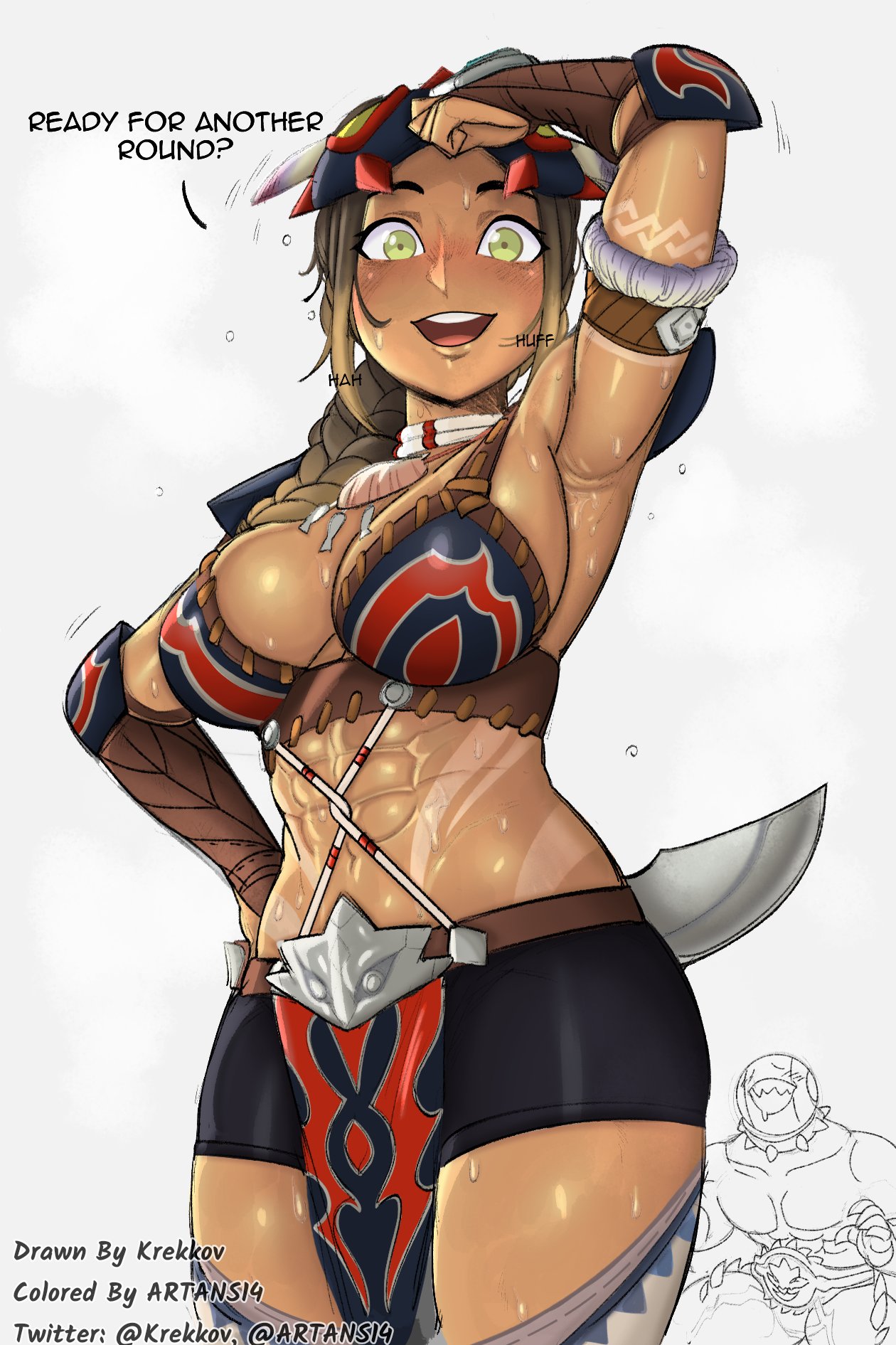 1girls, abs, armpit fetish, armpits, artans14, big breasts, blush, breasts, cleavage, female, female only, kayna (monster hunter), krekk0v, large breasts, looking at viewer, midriff, monster hunter, monster hunter stories 2: wings of ruin, solo, sweat, text