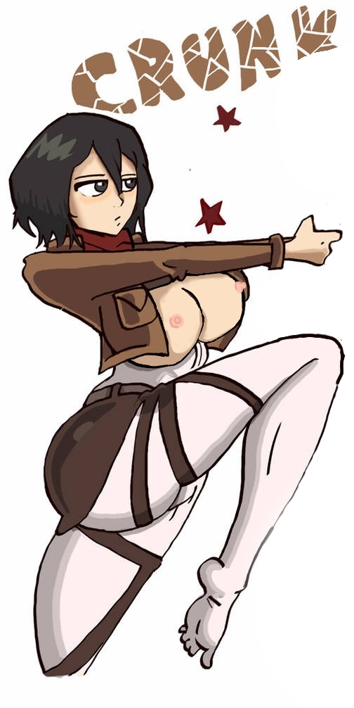 1girls aiming aiming_at_another asian asian_female attack_on_titan black_eyes black_hair breasts brown_jacket chicken0chips exposed_breasts exposed_nipples expressionless female female_only large_breasts leotard medium_hair mikasa_ackerman nude_female pale_skin shingeki_no_kyojin solo straps toes white_background white_leotard