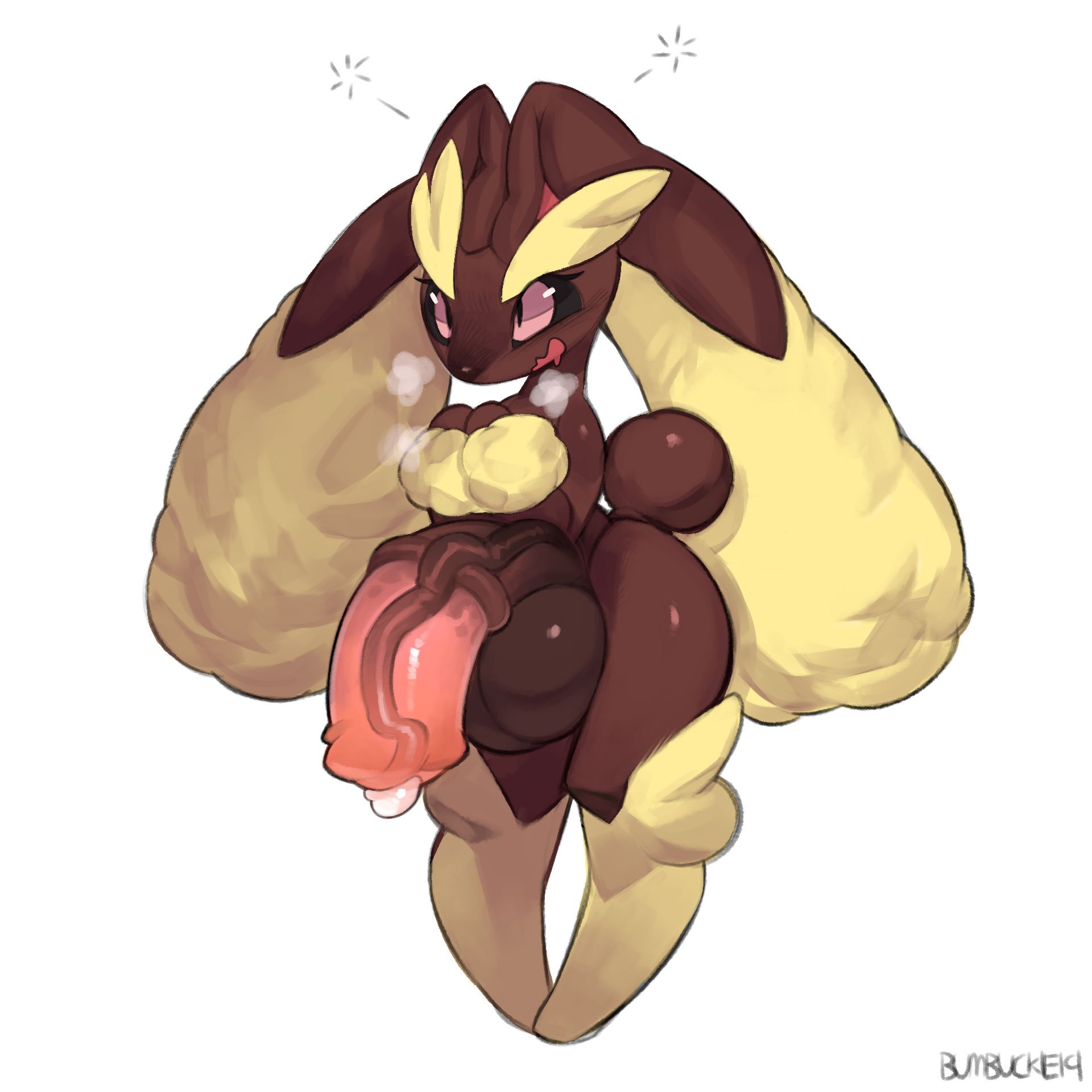 1:1, 2019, animal genitalia, animal penis, anthro, balls, big balls, big penis, black sclera, blush, bodily fluids, breath, brown body, burnbuckie, curvy figure, dizzy, drooling, equine genitalia, equine penis, female, femboy, genital fluids, genitals, girly, hi res, huge balls, huge cock, hyper, hyper balls, hyper genitalia, hyper penis, lagomorph, leporid, long ears, lopunny, male, male lopunny, male pokemon, mammal, nintendo, panting, penis, pink eyes, pokémon (species), pokemon, pokemon (species), precum, rabbit, saliva, simple background, solo, standing, tail, thick thighs, video games, white background, wide hips