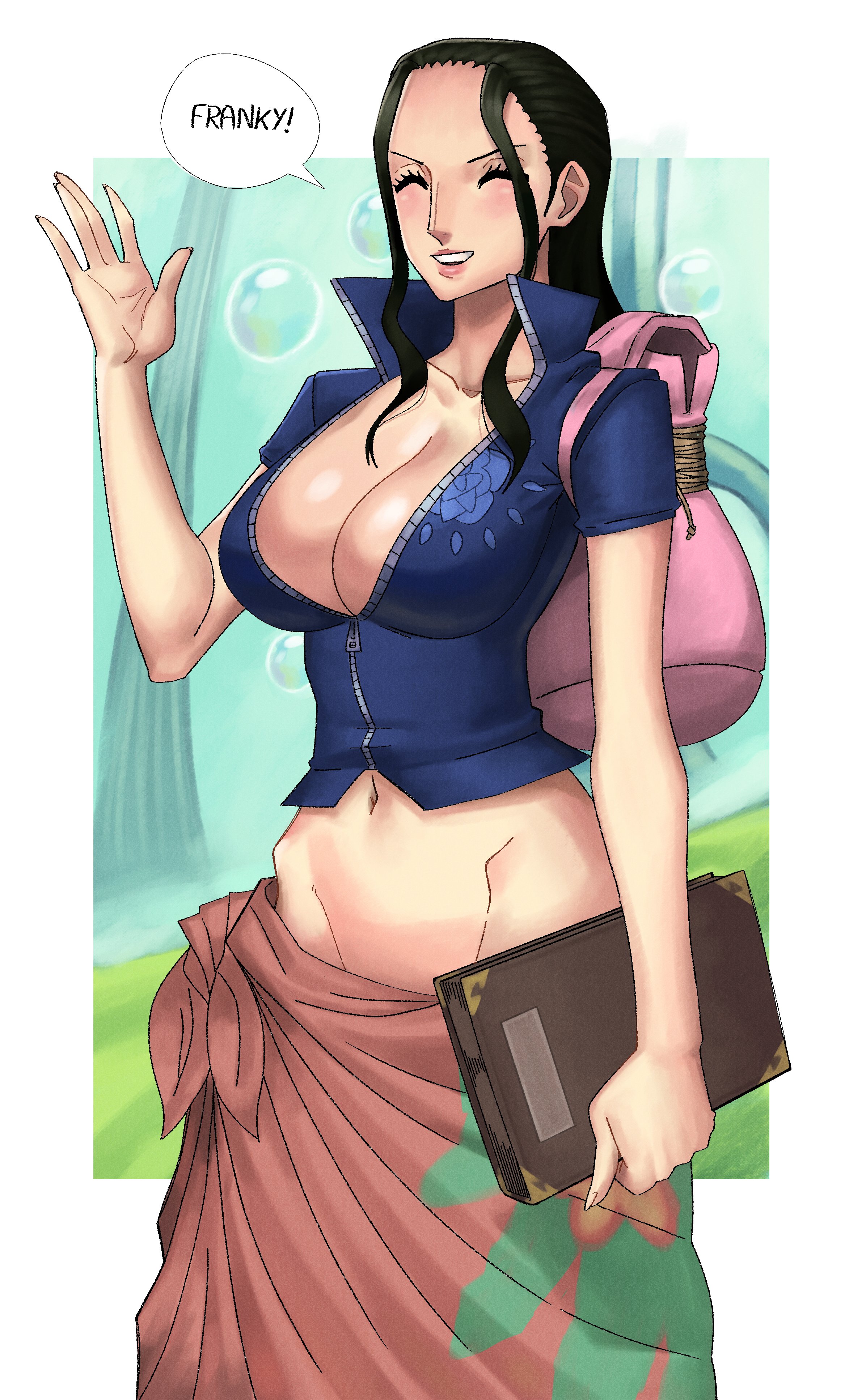 1girls, black hair, black-haired female, breasts too big, bursting breasts, female, female only, fully clothed, nico robin, one piece, sarong, solo, strained zipper, tagme, taikolum, undersized clothes, undersized clothing, zipper