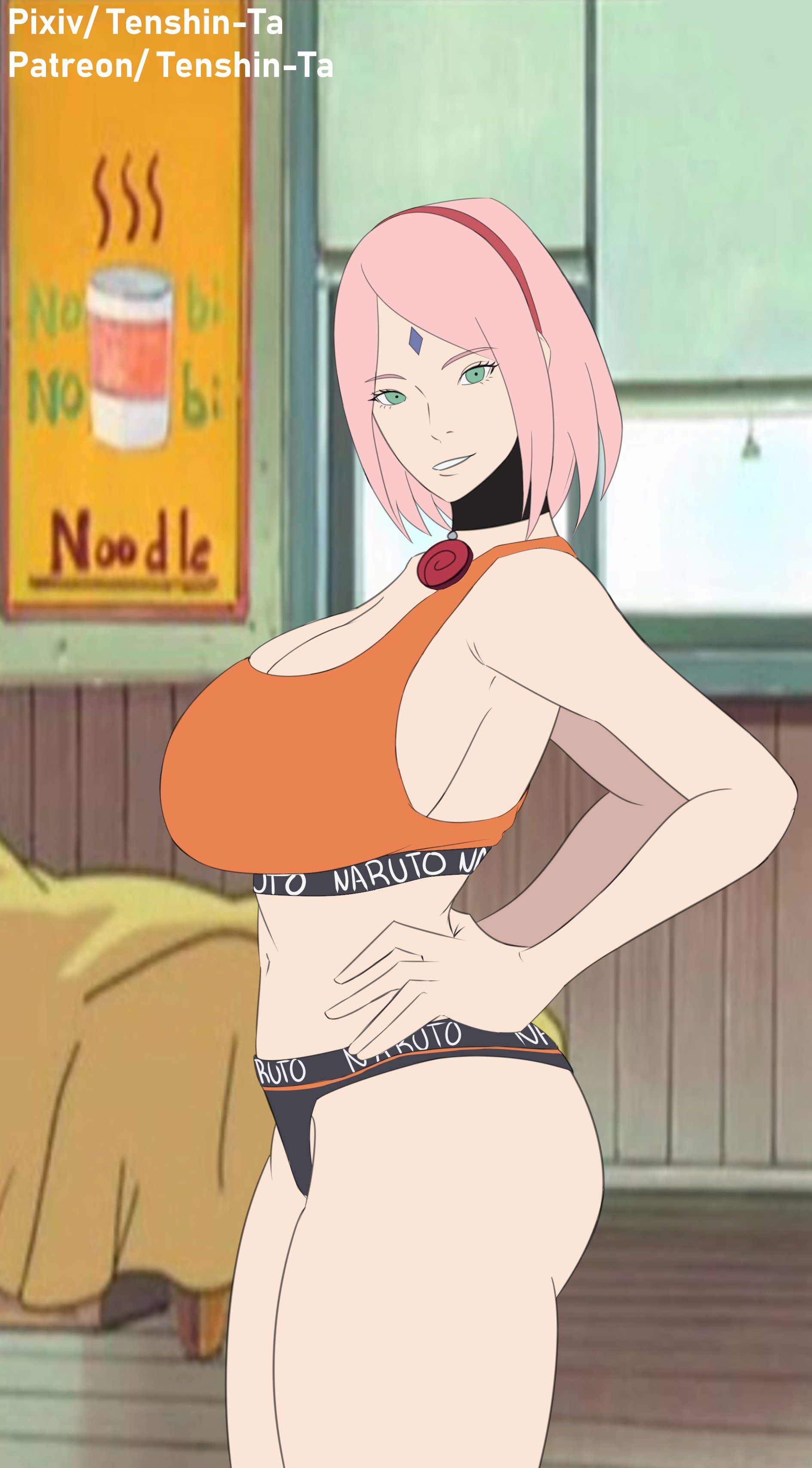 1girls, alternate breast size, bare legs, bare shoulders, big breasts, boruto: naruto next generations, bra, breasts, busty, cheating, cheating wife, choker, cleavage, curvaceous, curvy, curvy body, curvy female, curvy figure, eyebrows visible through hair, facial mark, female, female only, forehead jewel, forehead mark, green eyes, hairband, hand on waist, hourglass figure, in profile, indoors, light skin, light-skinned female, looking at viewer, midriff, naruto, naruto (series), naruto shippuden, naruto: the last, necklace, netorare, ntr, paipan, pale skin, pale-skinned female, panties, parted bangs, parted lips, pendant, red hairband, sakura haruno, shoulder length hair, side view, sideboob, sleeveless, solo, solo focus, standing, tenshin-ta, underwear, voluptuous, wide hips