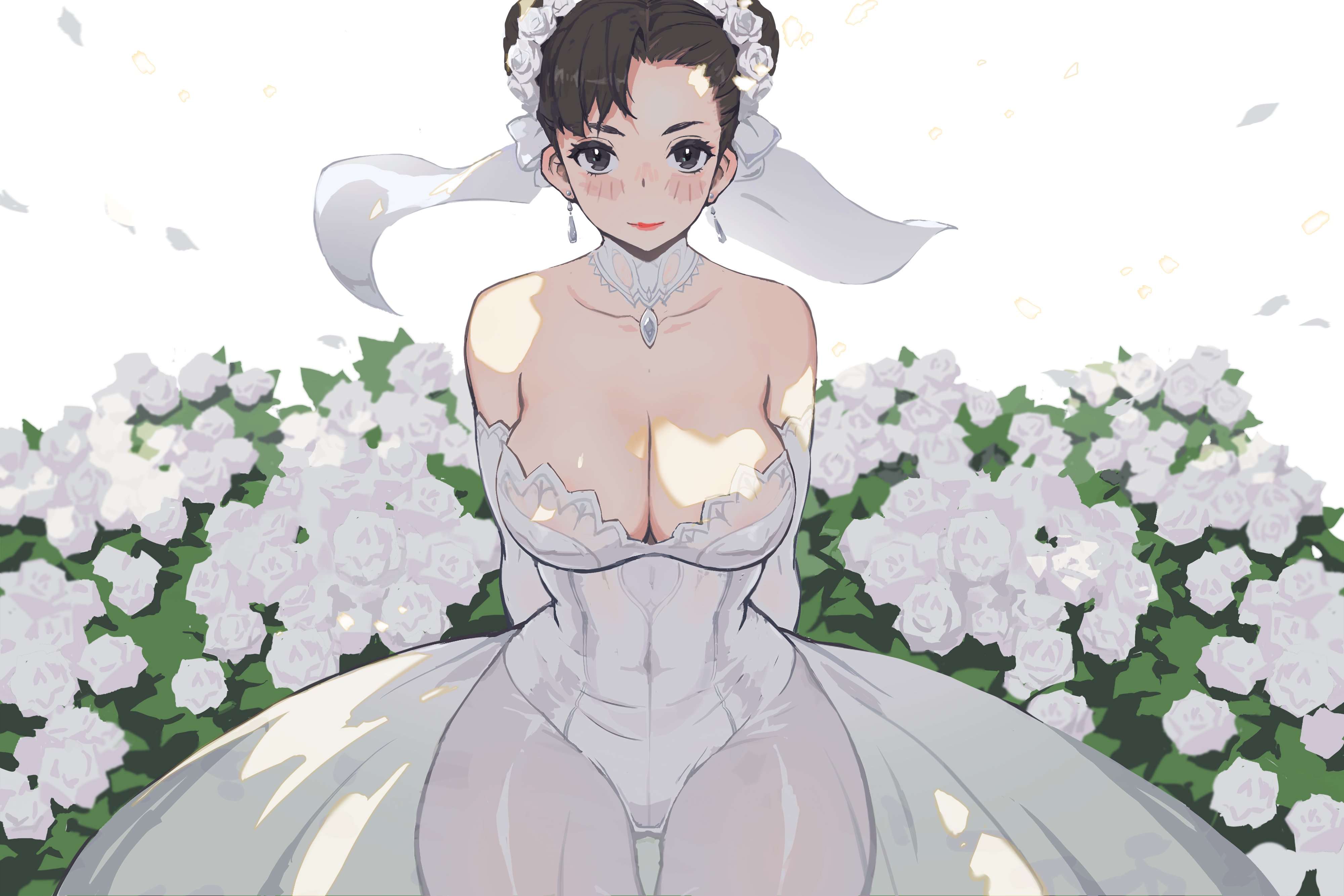breasts, chun-li, earrings, female, hands behind back, hibaneim, necklace, see-through, see-through clothing, street fighter, wedding, wedding dress, wide hips, wife