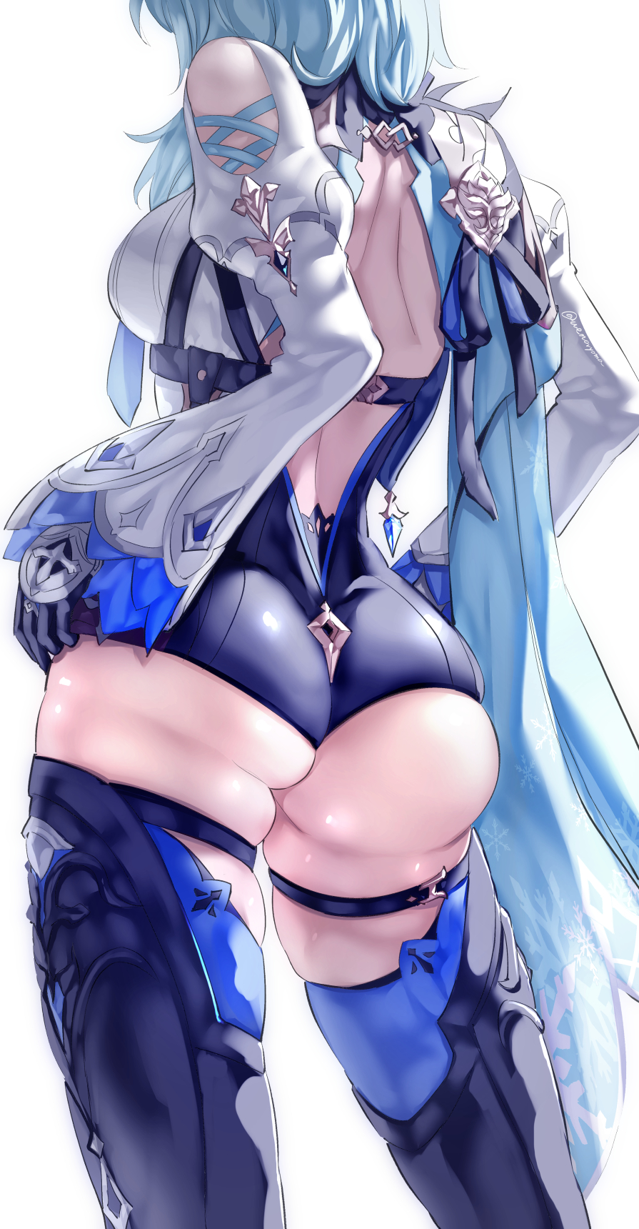 1girls, 2021, ass, ass focus, ass shot, backless outfit, black clothing, blue hair, bubble ass, bubble butt, eula (genshin impact), facing forward, female, female focus, female only, genshin impact, hand on hip, huge ass, medium hair, shiny skin, simple background, skindentation, thick thighs, thigh high boots, thighs, two-tone clothing, uenoryoma, white background, white clothing