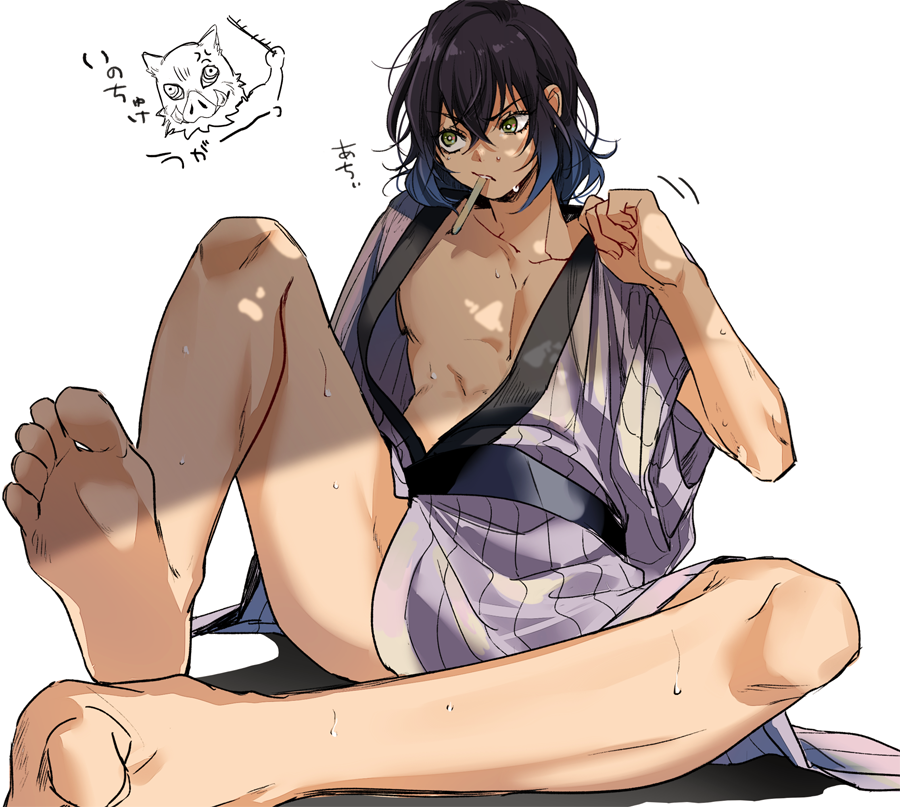 artist request, barefoot, black hair, demon slayer, feet, femboy, green eyes, inosuke hashibira, kimetsu no yaiba, kimono, male, male only, messy hair, muscular, open clothes, popsicle, sitting, soles, solo, sweat, two-tone hair