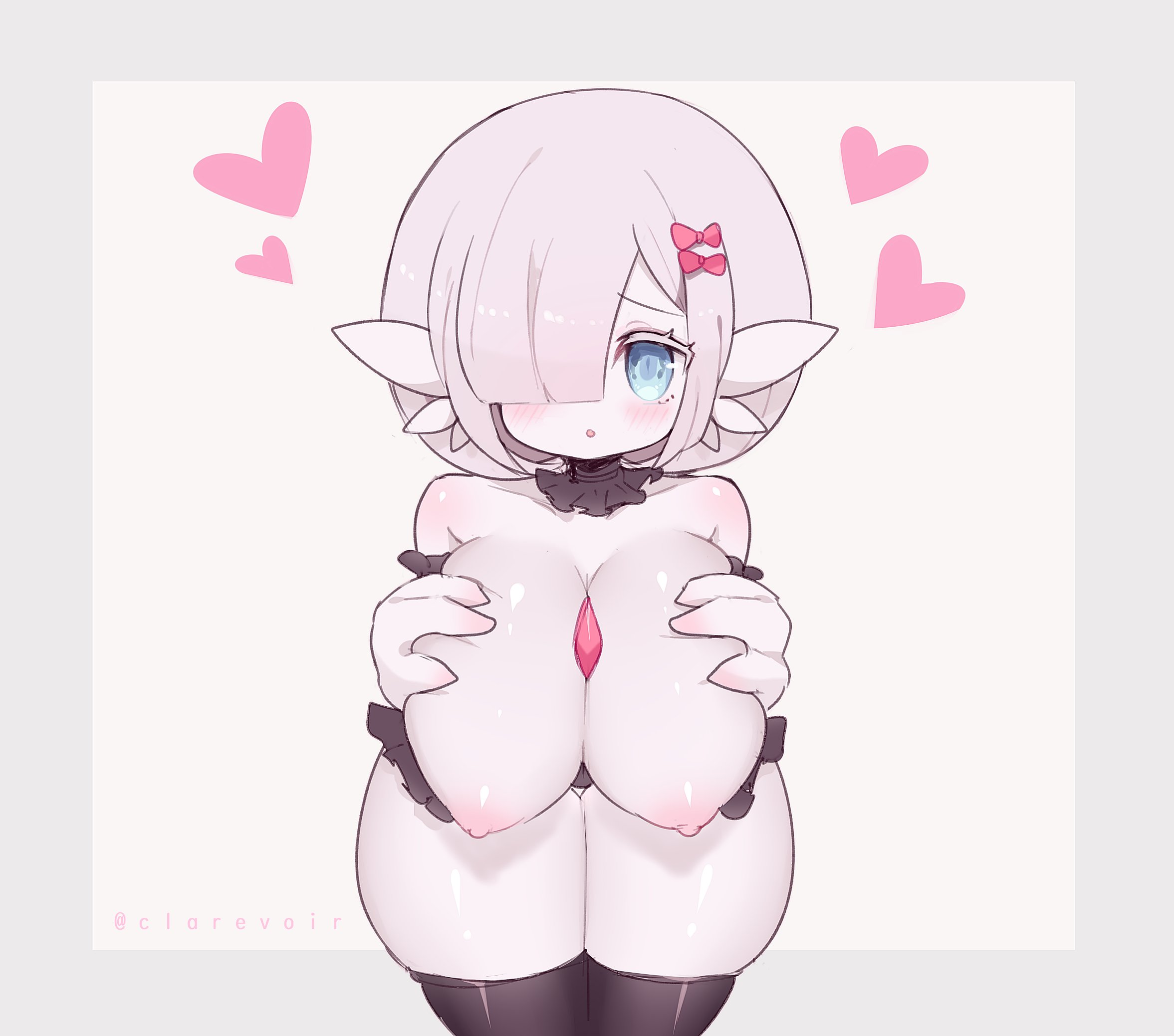 1girls, alternate color, areolae, bangs, blue eyes, blush, breasts, clarevoir, female, female gardevoir, female only, gardevoir, gen 3 pokemon, grabbing own breast, hair ornament, hair over one eye, hanging breasts, heart, highres, large breasts, looking at viewer, nintendo, nipples, no humans, original, pantyhose, pokémon (species), pokemon, pokemon (species), pokemon rse, silver hair, simple background, solo, twitter username