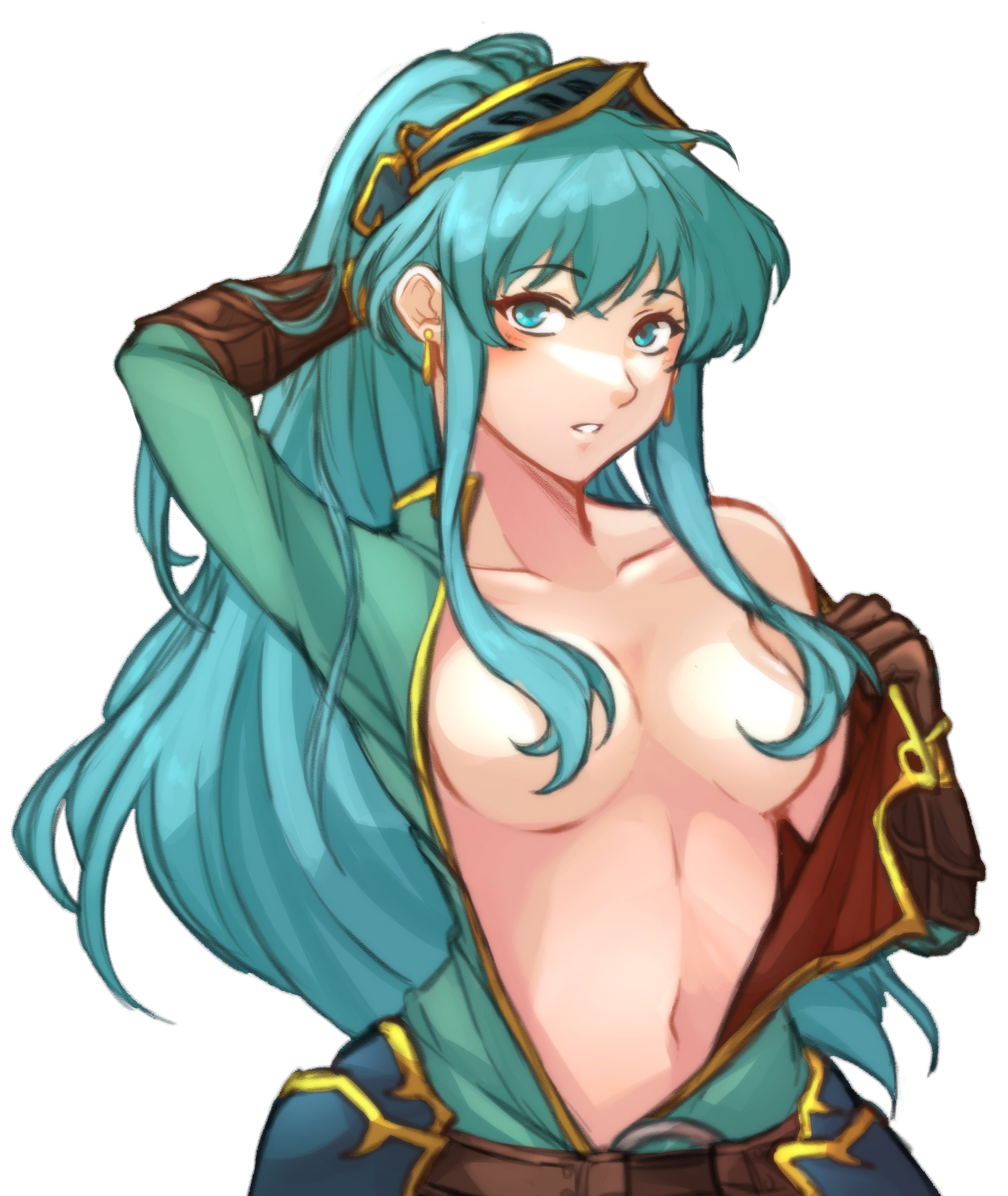 1girls, absurdres, alternate hairstyle, arm behind head, bare midriff, bare shoulders, blue eyes, blue hair, breasts, collarbone, convenient censoring, cosplay, earrings, eirika (fire emblem), ephraim (fire emblem), ephraim (fire emblem) (cosplay), female, fire emblem, fire emblem heroes, fire emblem: the sacred stones, gloves, hair censor, highres, jewelry, long hair, looking at viewer, medium breasts, midriff, nintendo, open clothes, ponytail, solo, tridisart, undressing, white background