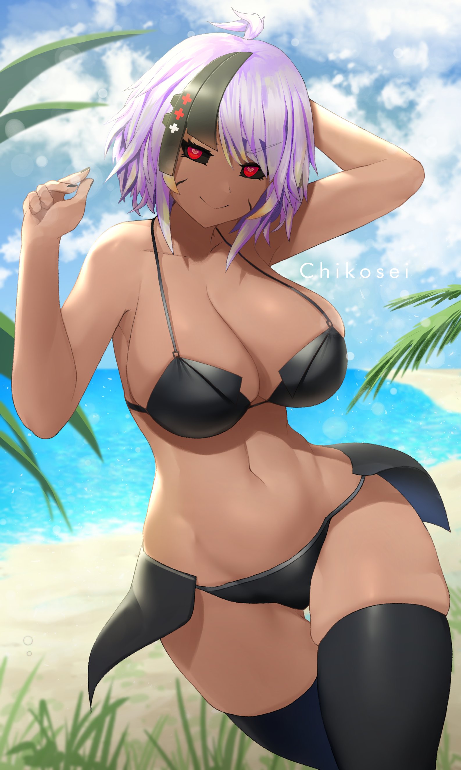 1girls, beach, big breasts, bikini, breasts, cleavage, clothed, clothing, dark skin, dark-skinned female, female, female only, humanoid, large breasts, mostly nude, sinensian, solo, standing, voluptuous