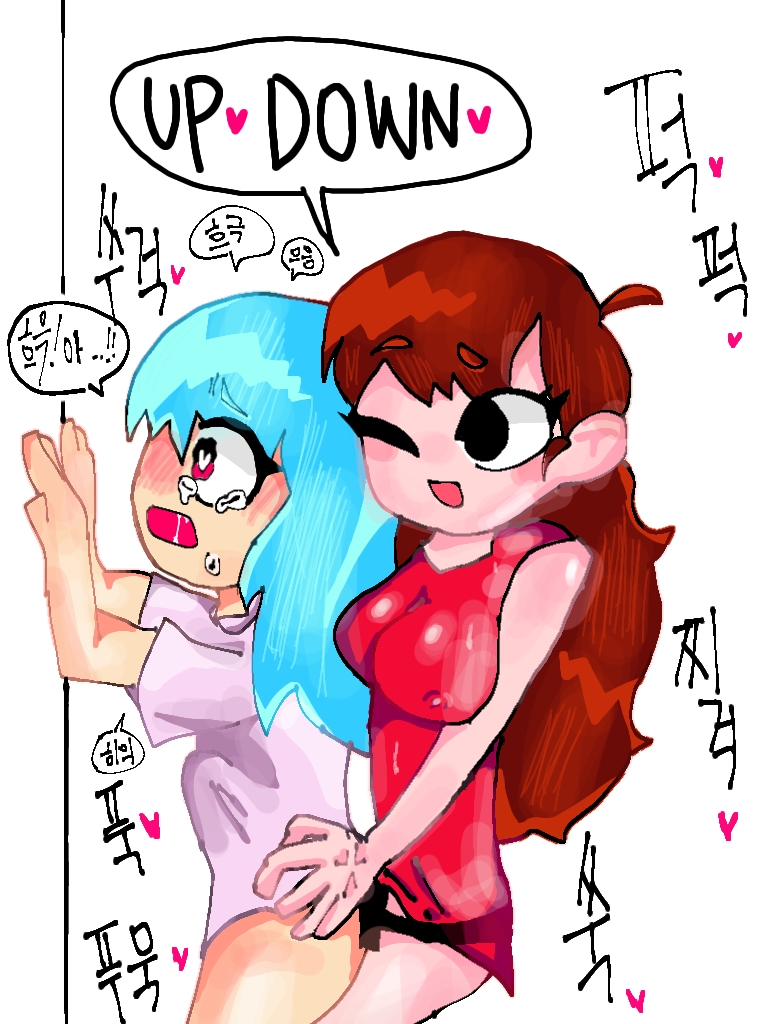 2girls, age difference, big breasts, blush, breasts, brown hair, clothed rape, english text, female, female dominating female, female domination, femdom, femsub, friday night funkin, girlfriend (friday night funkin), korean text, lesbian, light-skinned female, long hair, multiple females, multiple girls, one eye closed, original sky (friday night funkin), rape, sky (friday night funkin), skyverse, sound effects, speech bubble, strap-on, strap-on torture, strapon, sweat, sweatdrop, sweating, text, yuri