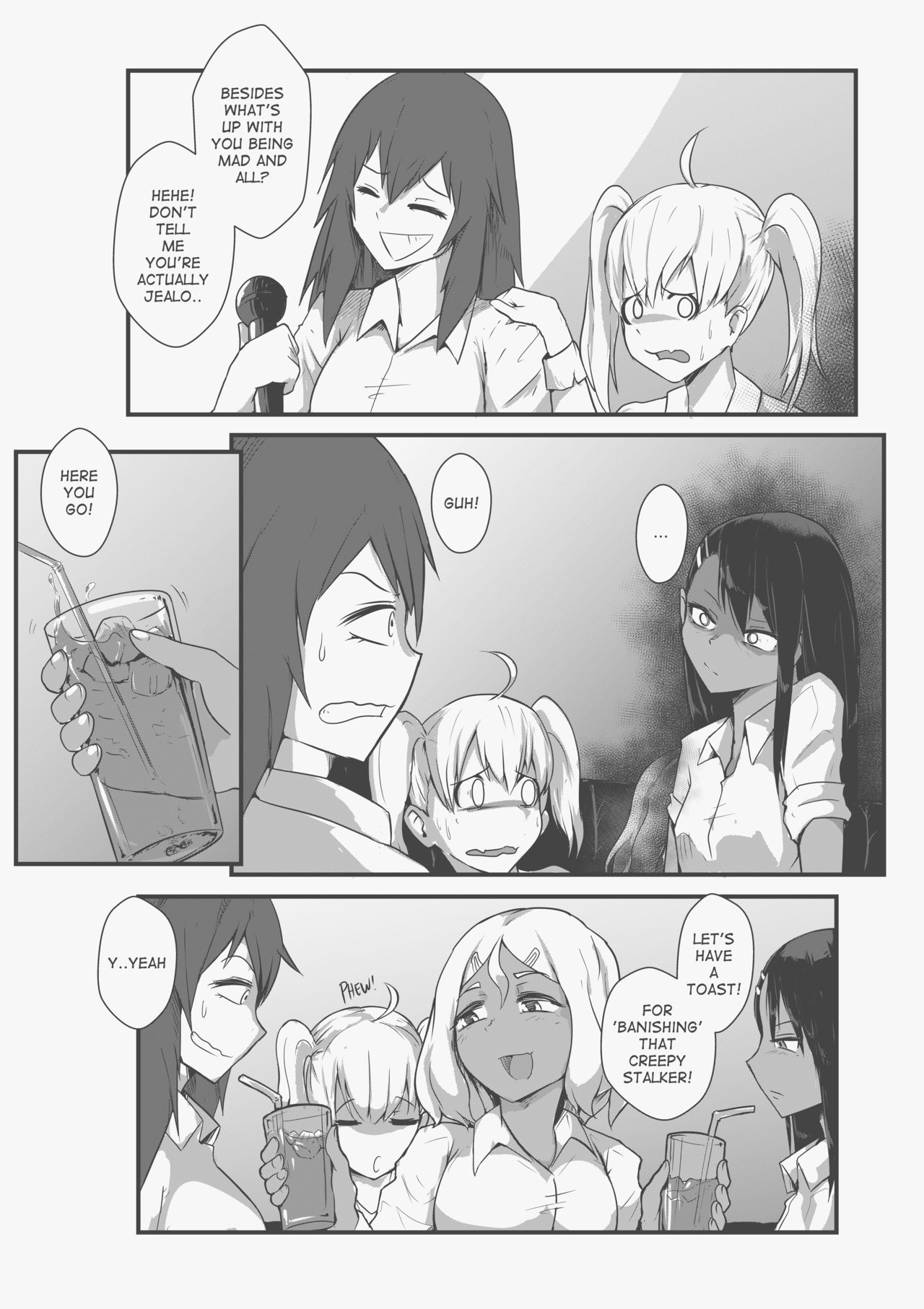 4girls, angry, big breasts, black hair, blonde hair, blush, breasts, cleavage, closed eyes, clothed, clothing, comic, english text, female, female focus, female only, gamo-chan, hayase nagatoro, hi res, karaoke, long hair, medium breasts, medium hair, monochrome, please don't bully me, nagatoro, revealing clothes, sakura (nagatoro), simple background, sitting, smile, sweat, text, tyronestash, white background, yoshi (nagatoro)