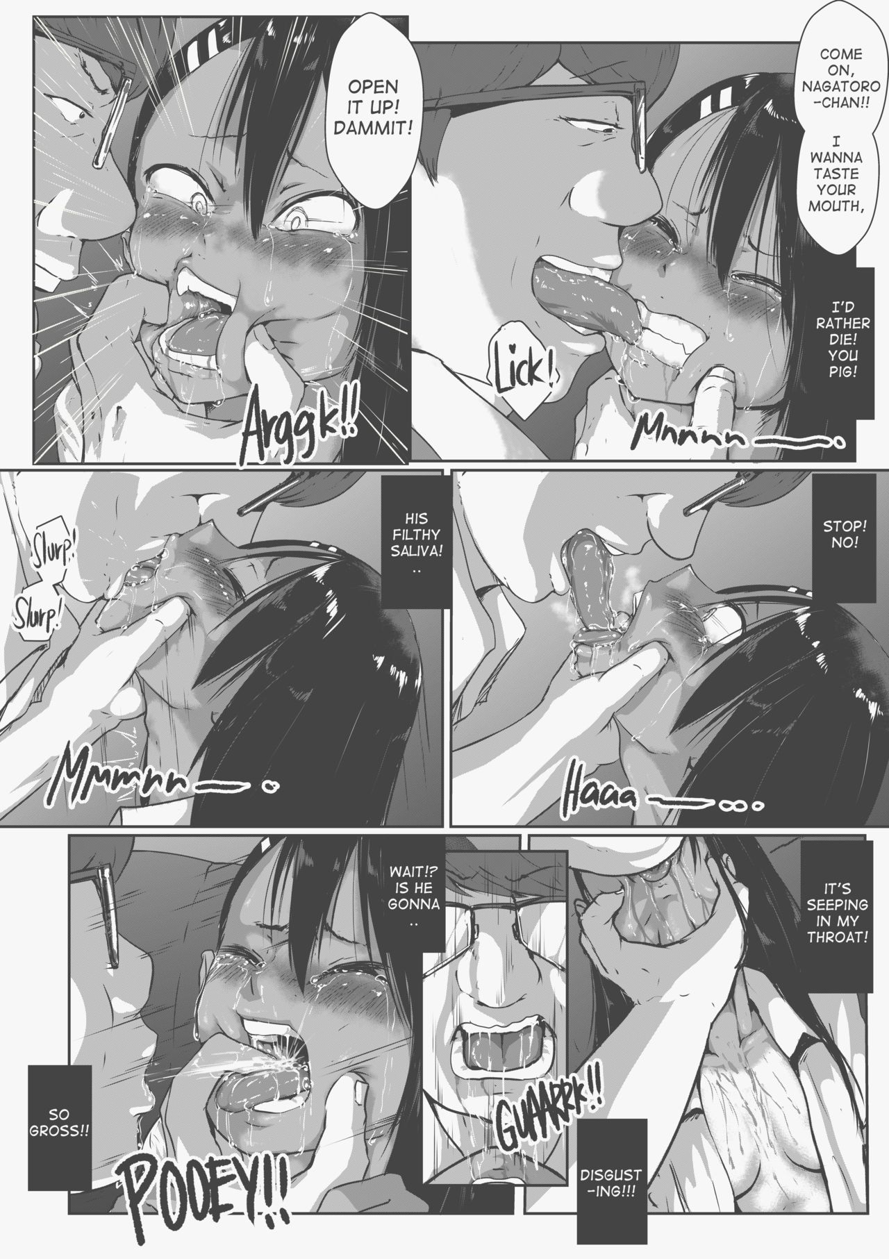 1boy, 1girls, black hair, blush, breasts, cleavage, clenched teeth, closed eyes, clothed, clothing, comic, crying, deepthroat, drugged, english text, extreme french kiss, female, forced, glasses, hayase nagatoro, hi res, imminent deepthroat, imminent oral, long hair, male, monochrome, open mouth, oral, please don't bully me, nagatoro, rape, revealing clothes, sakura's stalker (nagatoro), saliva, school uniform, schoolgirl, short hair, simple background, small breasts, tanned female, tears, teenager, text, throat fingering, tongue, tongue in throat, tongue out, tyronestash, vomit, white background, younger female