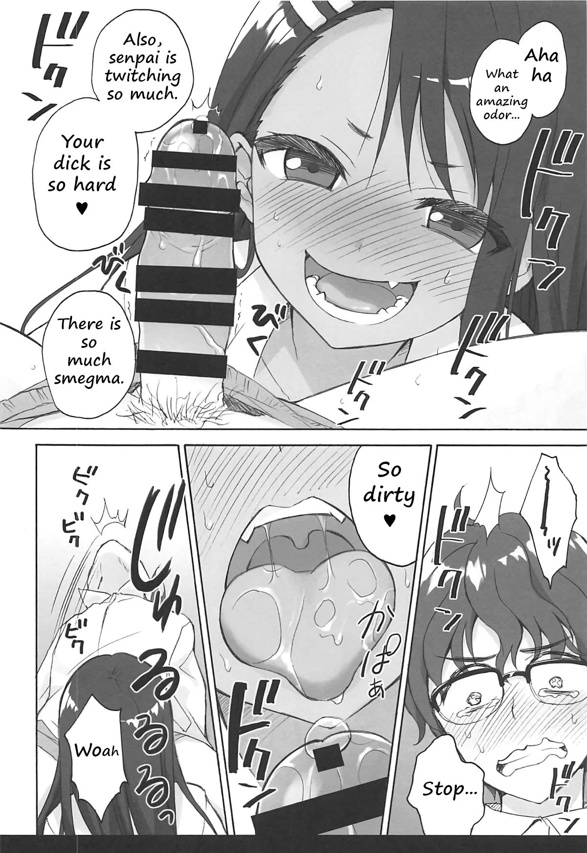 1boy 1girls :>= all_fours big_penis black_hair blush clothed clothing comic cute english_text erection fellatio glasses hayase_nagatoro hi_res imminent_oral implied_oral long_hair looking_at_viewer monochrome naoto_hachioji_(senpai) naughty_face nervous on_back open_mouth oral penis petite please_don't_bully_me,_nagatoro precum revealing_clothes right_to_left ryohka saliva school_uniform schoolgirl shocked short_hair simple_background spread_legs sweat teenager text throat tongue_out white_background