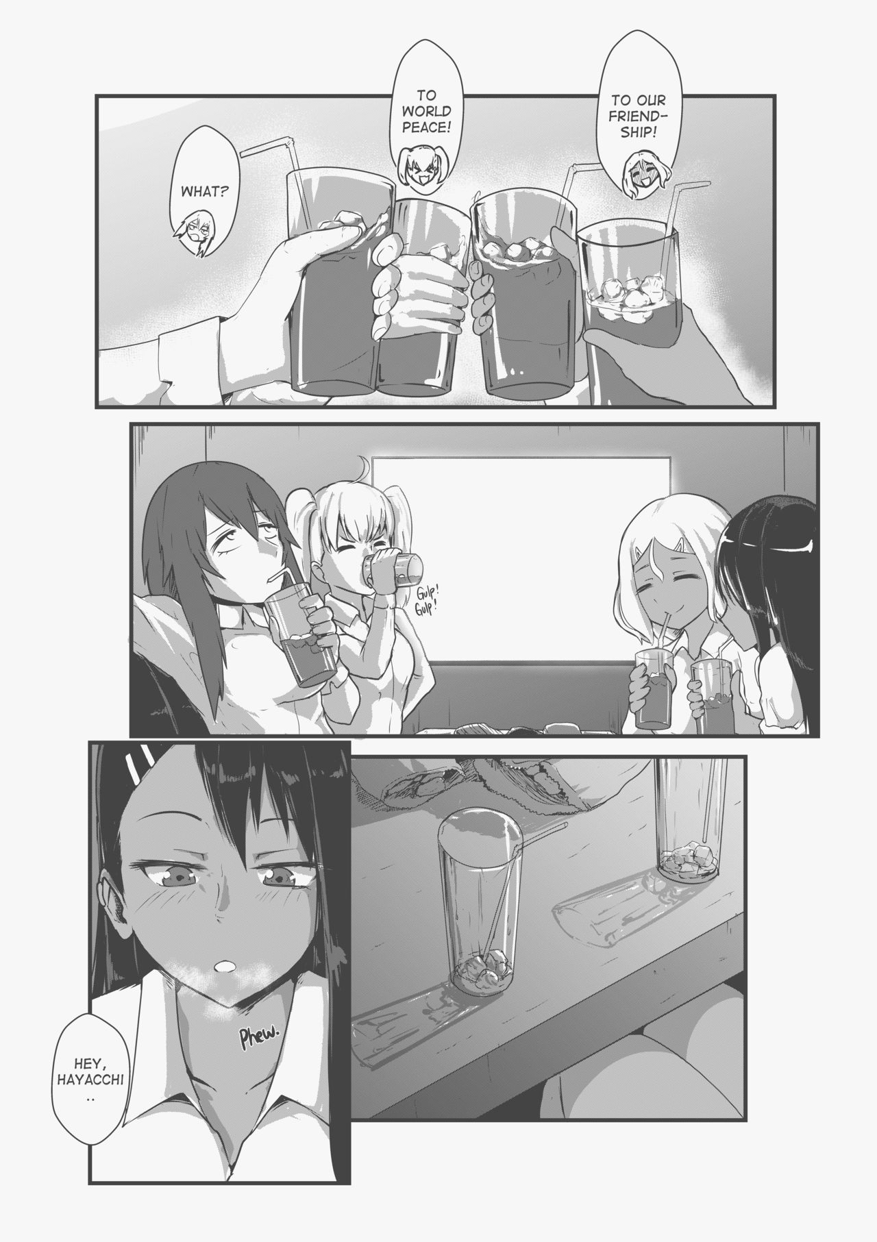 4girls, big breasts, black hair, blonde hair, blush, breasts, cleavage, closed eyes, clothed, clothing, comic, drugged, english text, female, female focus, female only, gamo-chan, hayase nagatoro, heavy breathing, hi res, karaoke, long hair, medium breasts, medium hair, monochrome, please don't bully me, nagatoro, revealing clothes, sakura (nagatoro), simple background, sitting, smile, text, tyronestash, white background, yoshi (nagatoro)