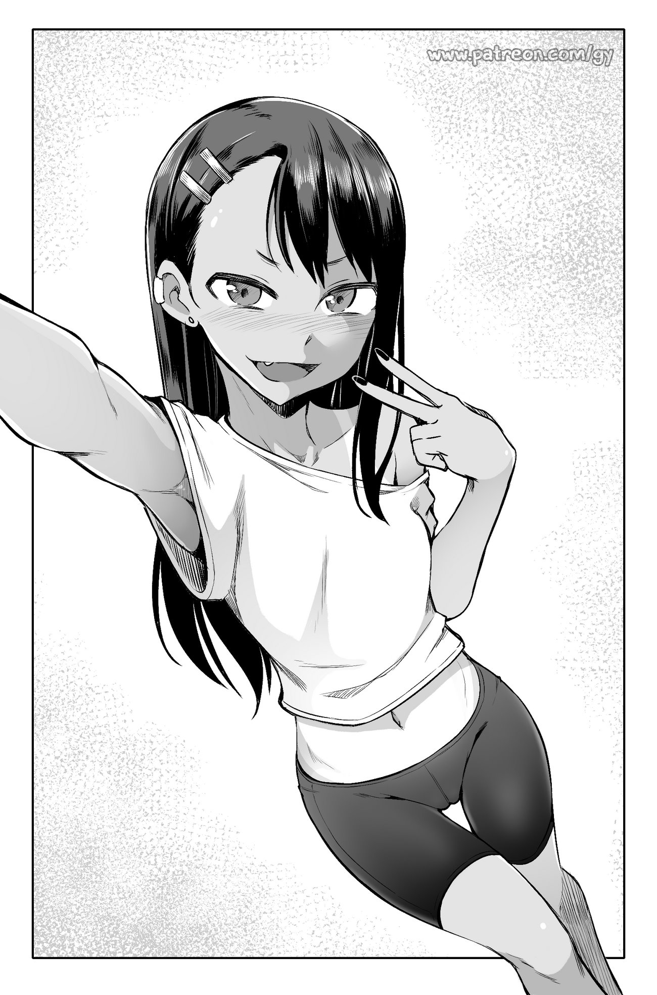 1girls, athletic, athletic female, bike shorts, black hair, blush, clothed, clothing, female, female focus, female only, ghettoyouth, hayase nagatoro, hi res, long hair, looking at viewer, monochrome, navel, please don't bully me, nagatoro, pose, revealing clothes, selfie, simple background, smile, solo, spats, standing, t-shirt, tan-skinned female, tanline, watermark, white background