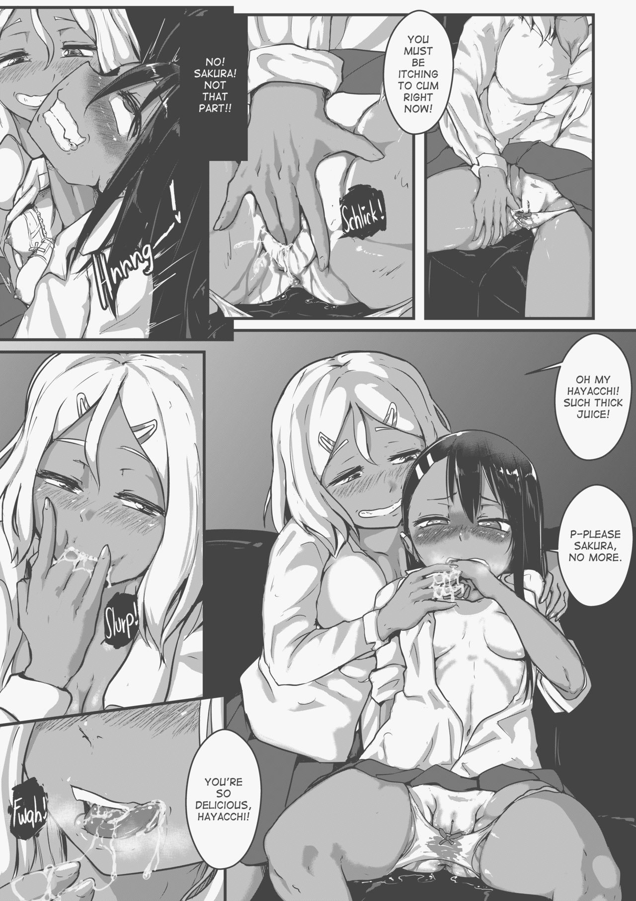 2girls, big breasts, black hair, blonde hair, blush, bra, breasts, cleavage, clenched teeth, clothed, clothing, comic, drugged, english text, female, female focus, female only, fingering, forced, hayase nagatoro, heavy breathing, hi res, licking, long hair, medium hair, monochrome, nipples, open mouth, orgasm, overstimulation, please don't bully me, nagatoro, pussy, pussy juice, rape, revealing clothes, sakura (nagatoro), saliva, shivering, simple background, small breasts, spread legs, tanline, tanned, text, tongue, tongue out, tyronestash, undressing, upskirt, white background, yuri