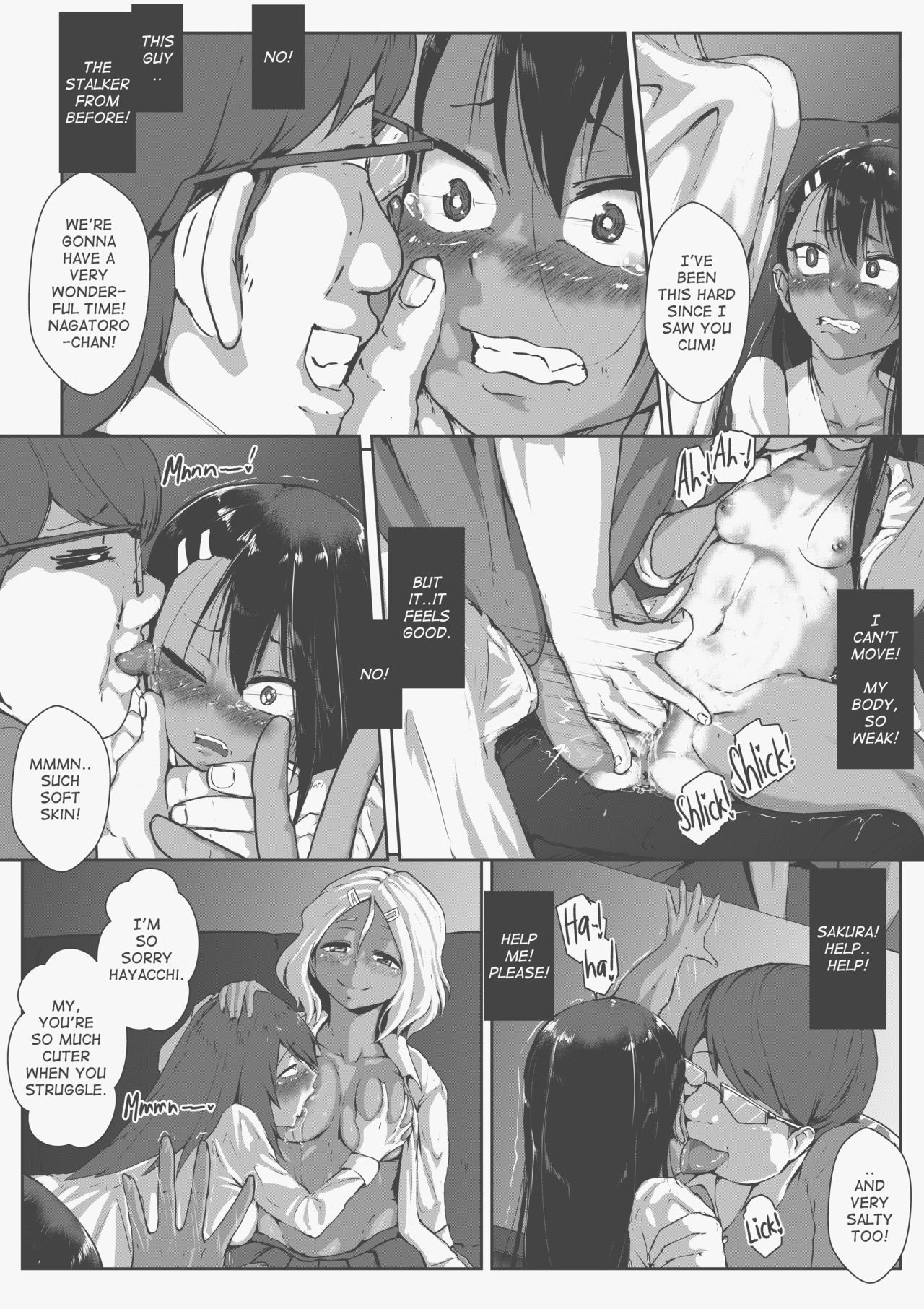 1boy, 3girls, big breasts, black hair, blonde hair, breasts, cleavage, clenched teeth, clothed, clothing, comic, crying, drugged, english text, female, fingering, forced, gamo-chan, glasses, hayase nagatoro, hetero, hi res, imminent deepthroat, imminent oral, long hair, male, medium hair, monochrome, nipples, open mouth, oral, please don't bully me, nagatoro, rape, revealing clothes, sakura (nagatoro), sakura's stalker (nagatoro), saliva, school uniform, schoolgirl, short hair, simple background, small breasts, straight, sucking nipples, tears, teenager, text, throat fingering, tongue, tongue out, tyronestash, white background, yuri