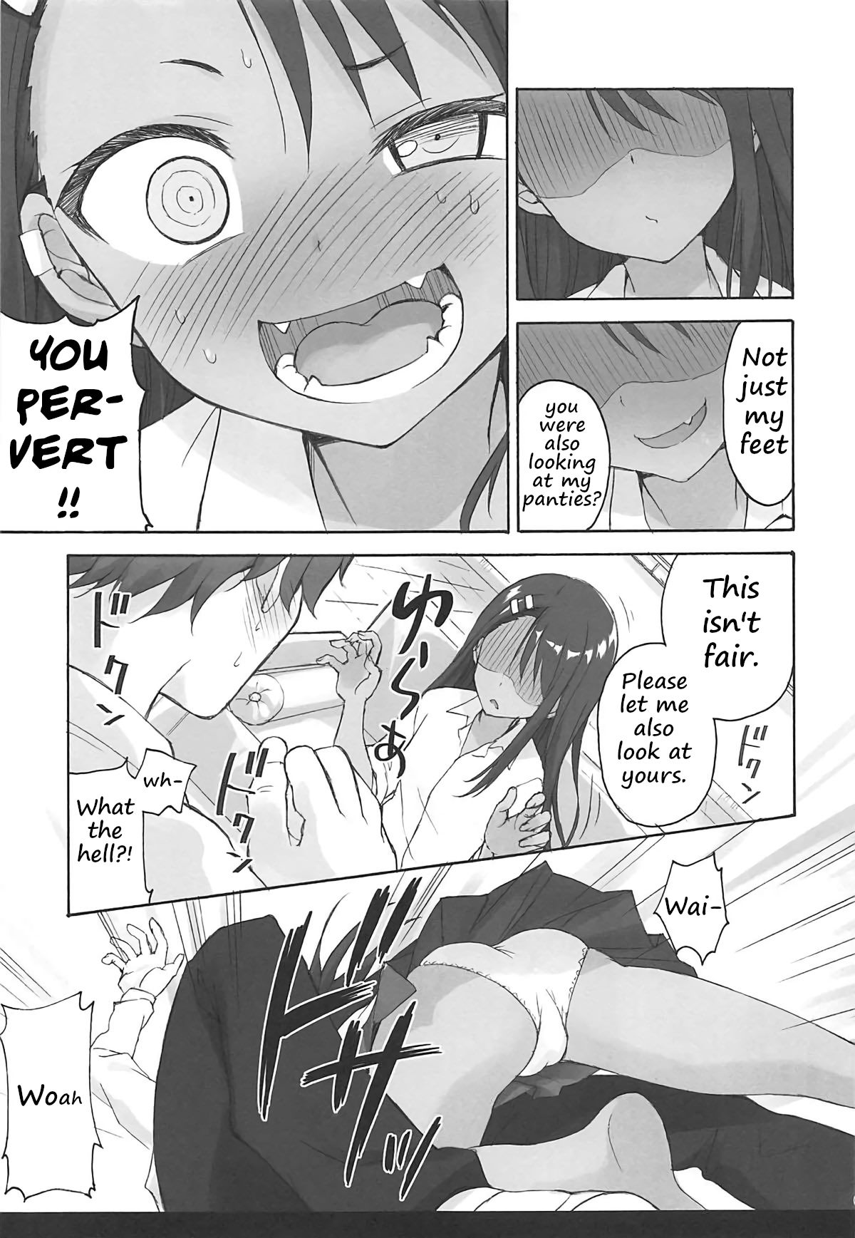 1boy 1girls ass black_hair blush clothed clothing comic english_text glasses hayase_nagatoro hi_res long_hair looking_at_viewer monochrome naoto_hachioji_(senpai) panties please_don't_bully_me,_nagatoro revealing_clothes right_to_left ryohka short_hair simple_background sitting spread_legs tackle teasing text upskirt white_background