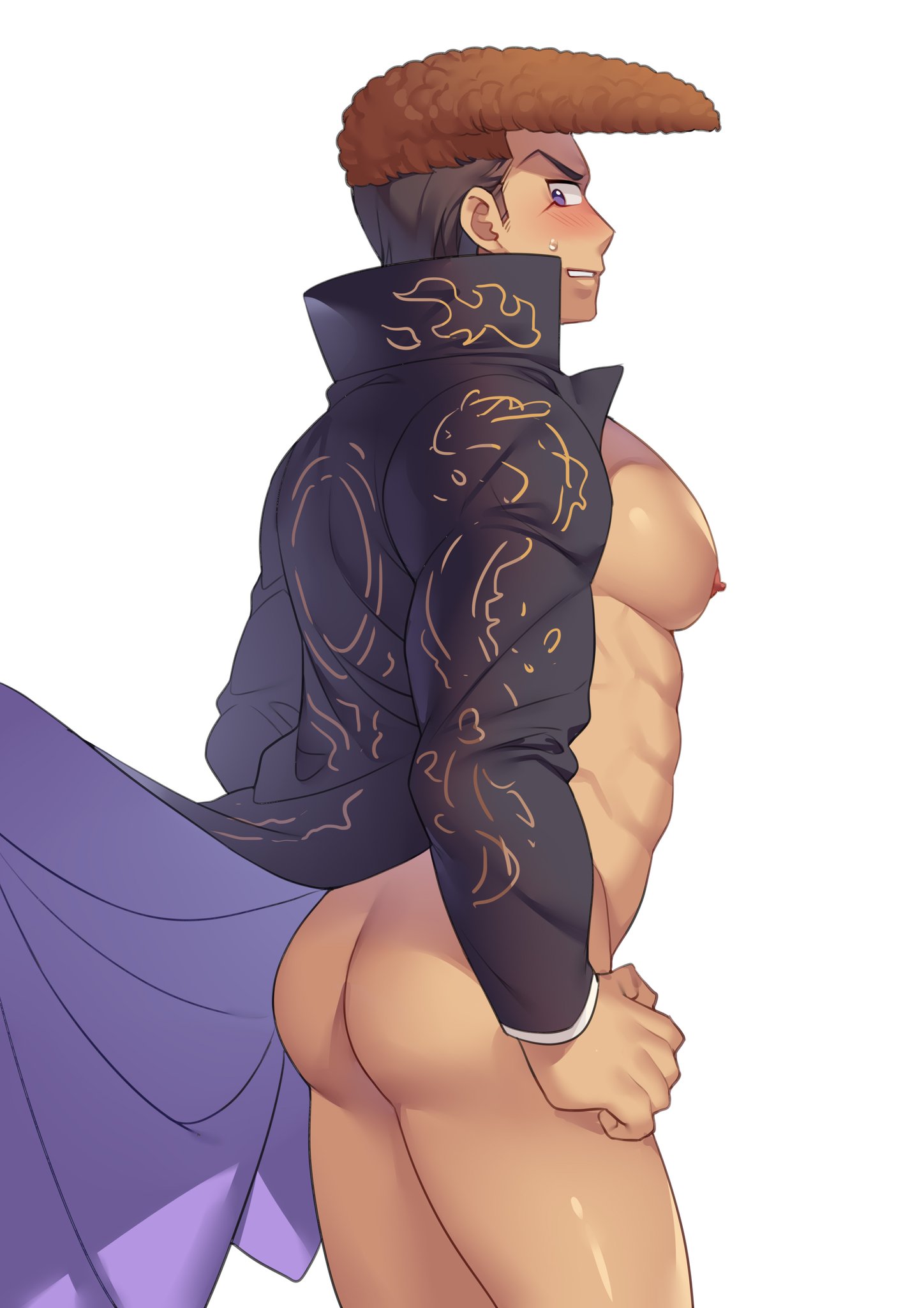 ass, bara, big pecs, blush, brown hair, coat, danganronpa, etap, hands on hips, jacket, looking at viewer, looking back, male, male only, mondo oowada, muscular, muscular male, pompadour, solo, sweatdrop, yaoi