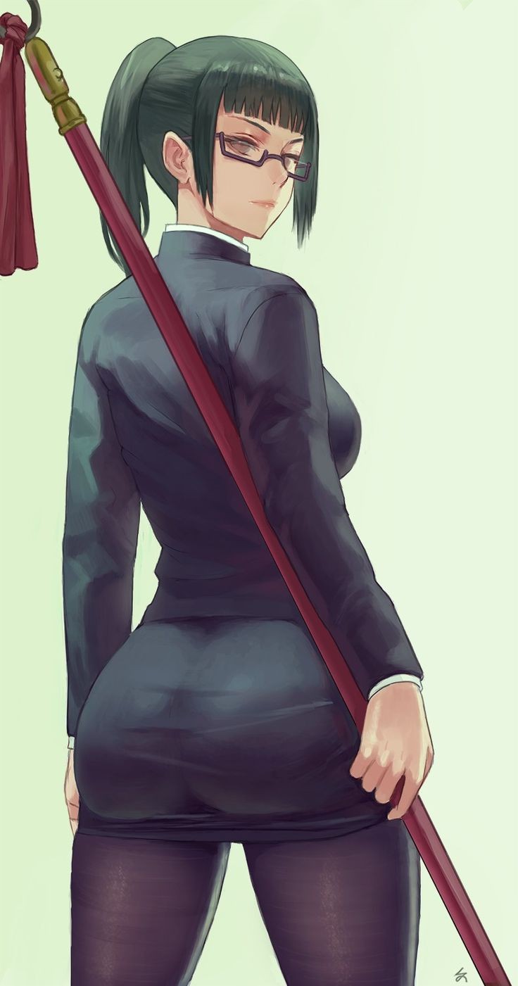 1girls, ass, ass in dress, big ass, breasts, cutesexyrobutts (style), female, female focus, female only, formal, fully clothed, glasses, green hair, green-haired female, jujutsu kaisen, large ass, looking at viewer, looking back, looking back at viewer, office clothing, office lady, pantyhose, pussy, school uniform, solo, solo female, thick thighs, vikol, weapon, zefra bleu, zenin maki