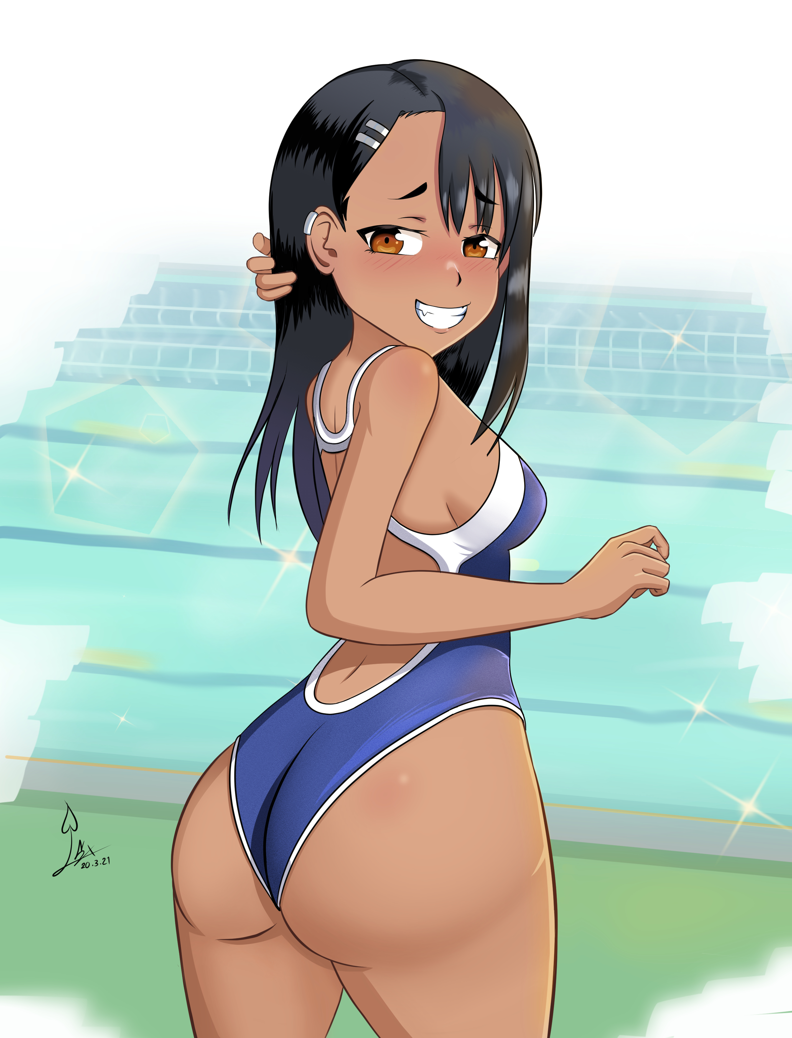1girls, ass, athletic, athletic female, big ass, black hair, blush, breasts, brown eyes, clothed, clothing, curvy, female, female focus, female only, hayase nagatoro, hi res, laceysx, long hair, looking at viewer, looking back, medium breasts, one piece swimsuit, please don't bully me, nagatoro, pose, revealing clothes, simple background, smile, solo, swimsuit, tan-skinned female, wide hips