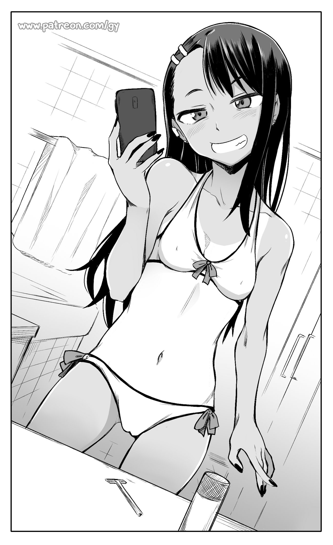 1girls, bikini, black hair, blush, cameltoe, clothed, clothing, female, female focus, female only, ghettoyouth, hayase nagatoro, hi res, long hair, looking at viewer, monochrome, navel, nipples, please don't bully me, nagatoro, pose, pussy, revealing clothes, selfie, simple background, smile, solo, standing, tanline, tanned, watermark, white background