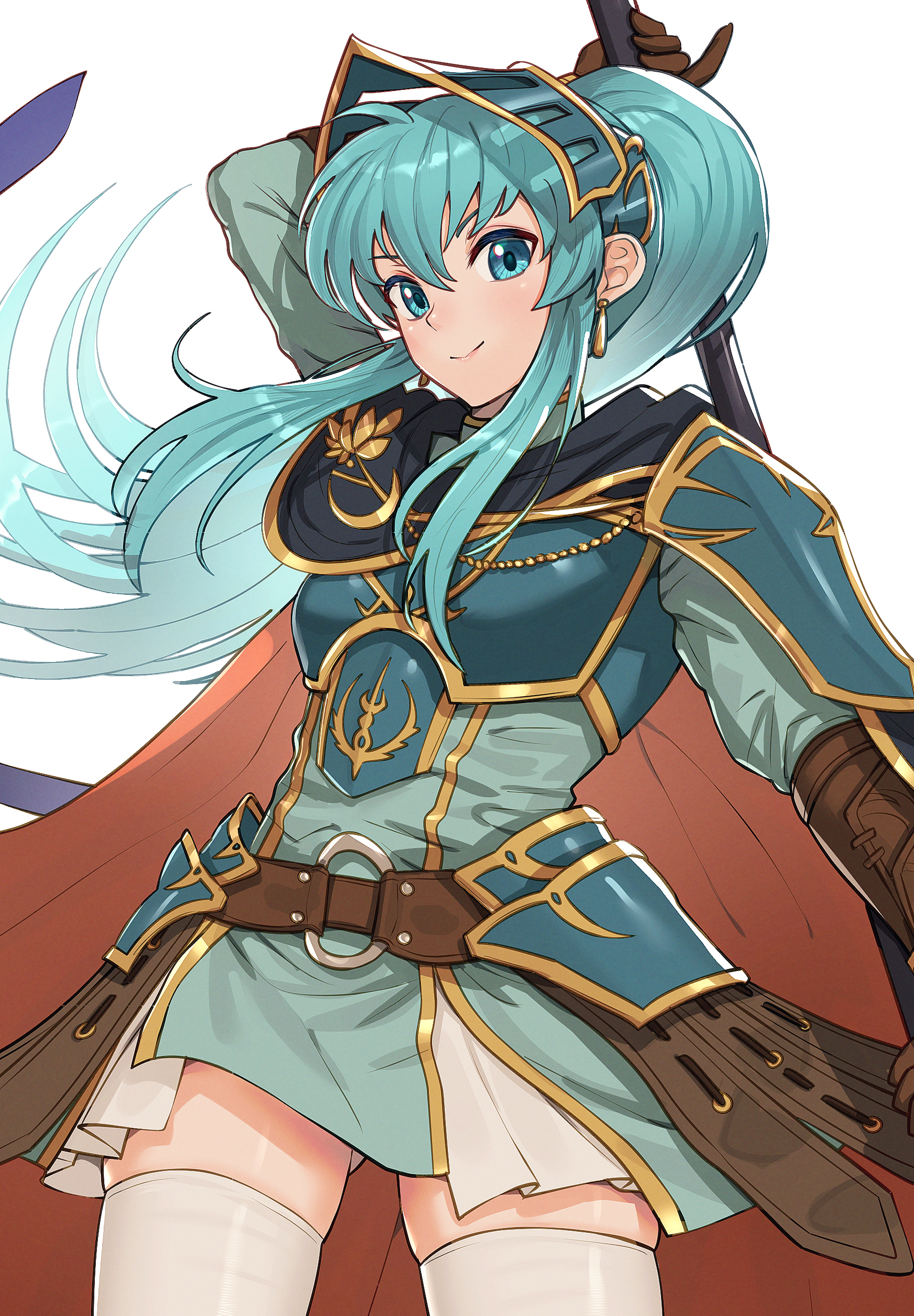 1girls, absurdres, alternate hairstyle, blue eyes, blue hair, cape, cosplay, earrings, eirika (fire emblem), ephraim (fire emblem), ephraim (fire emblem) (cosplay), female, fire emblem, fire emblem heroes, fire emblem: the sacred stones, gloves, gonzarez, highres, jewelry, long hair, looking at viewer, nintendo, official alternate costume, ponytail, simple background, smile, thighhighs, weapon, white background