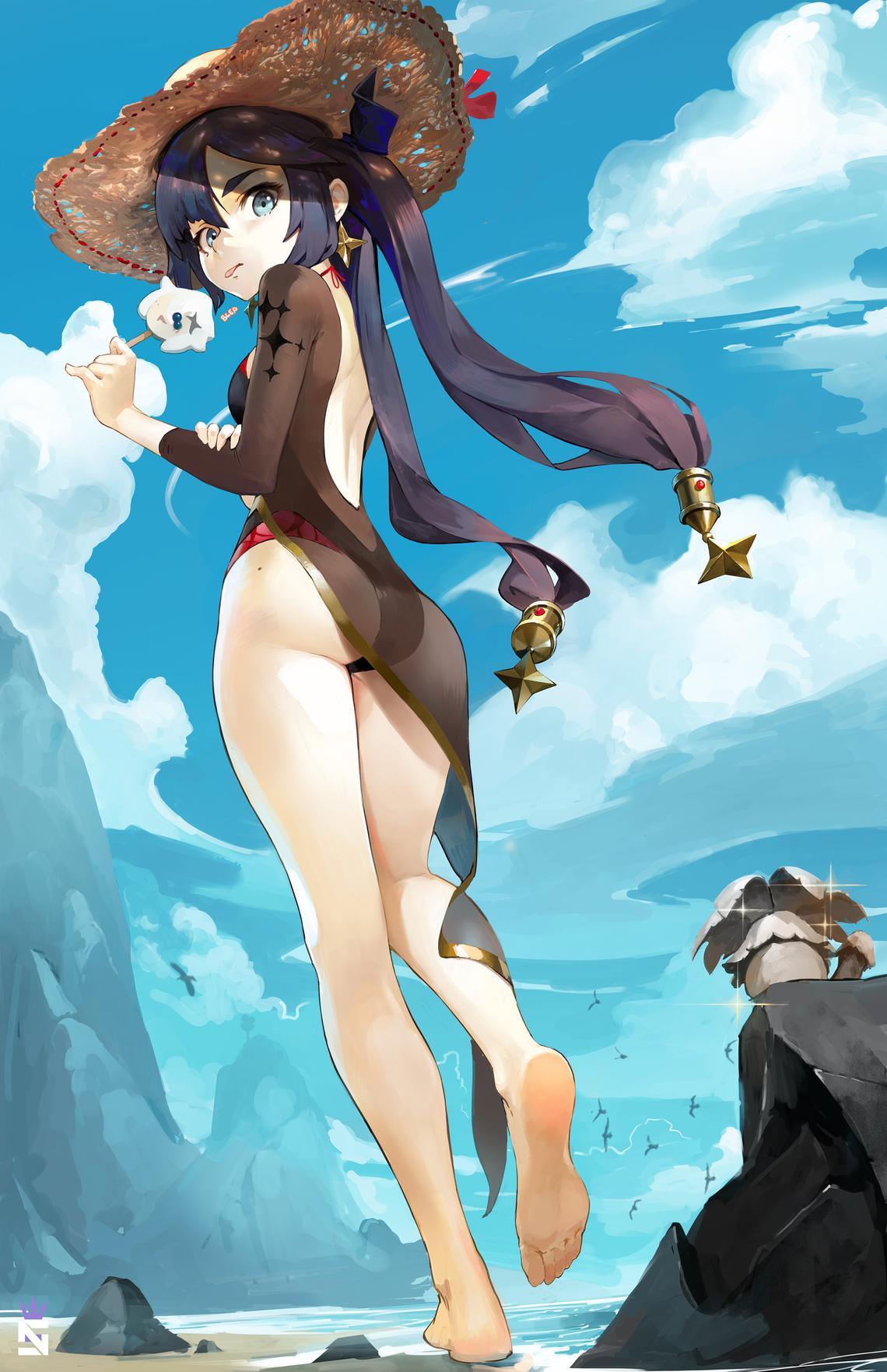 1girls, aqua eyes, ass, ass focus, bangs, barefoot, beach, big ass, black hair, black swimsuit, blue sky, bubble ass, bubble butt, earrings, fat ass, fat butt, female, food, full body, genshin impact, hair ornament, hat, holding object, jewelry, long hair, looking at viewer, looking back, mole, mole on ass, mona (genshin impact), nikusenpai, one-piece swimsuit, outdoors, popsicle, see-through, shore, sky, solo, sun hat, swimsuit, thighs, tied hair, toes, tongue, tongue out, water