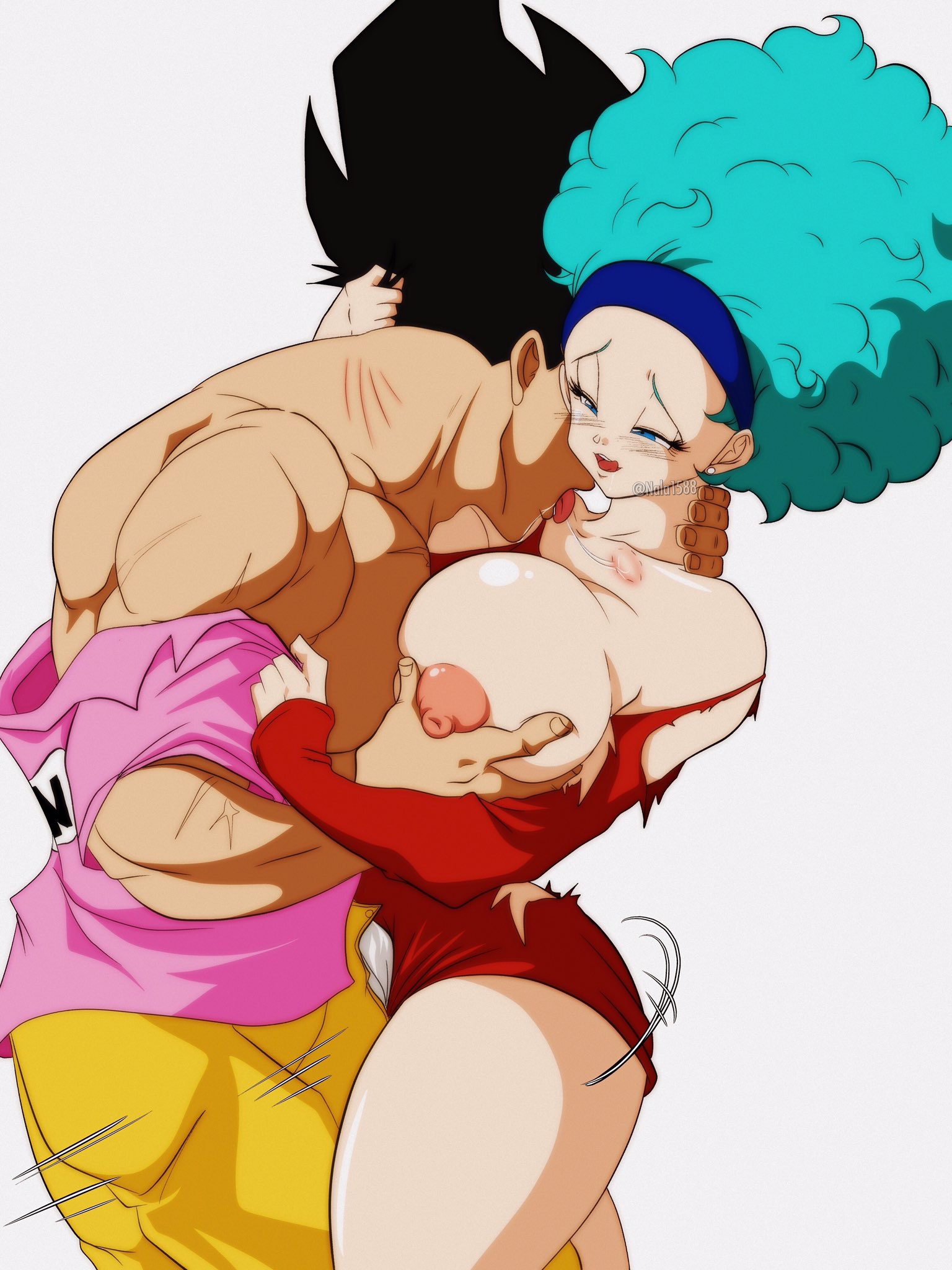1boy, 1girls, afro, ass, breast grab, breasts, bulma (afro), bulma briefs, dragon ball, female, huge ass, huge breasts, large breasts, male, nala1588, nipples, shounen jump, thick thighs, torn clothes, undressing, vegeta