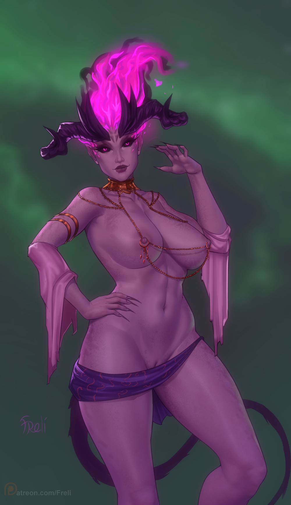 1girls areolae chains choker demon desire_demon dragon_age dragon_age_origins evil_smile fire_hair flashing freli hips horns large_breasts long_nails nipples piercing purple_eyes purple_skin pussy solo standing succubus tail topless