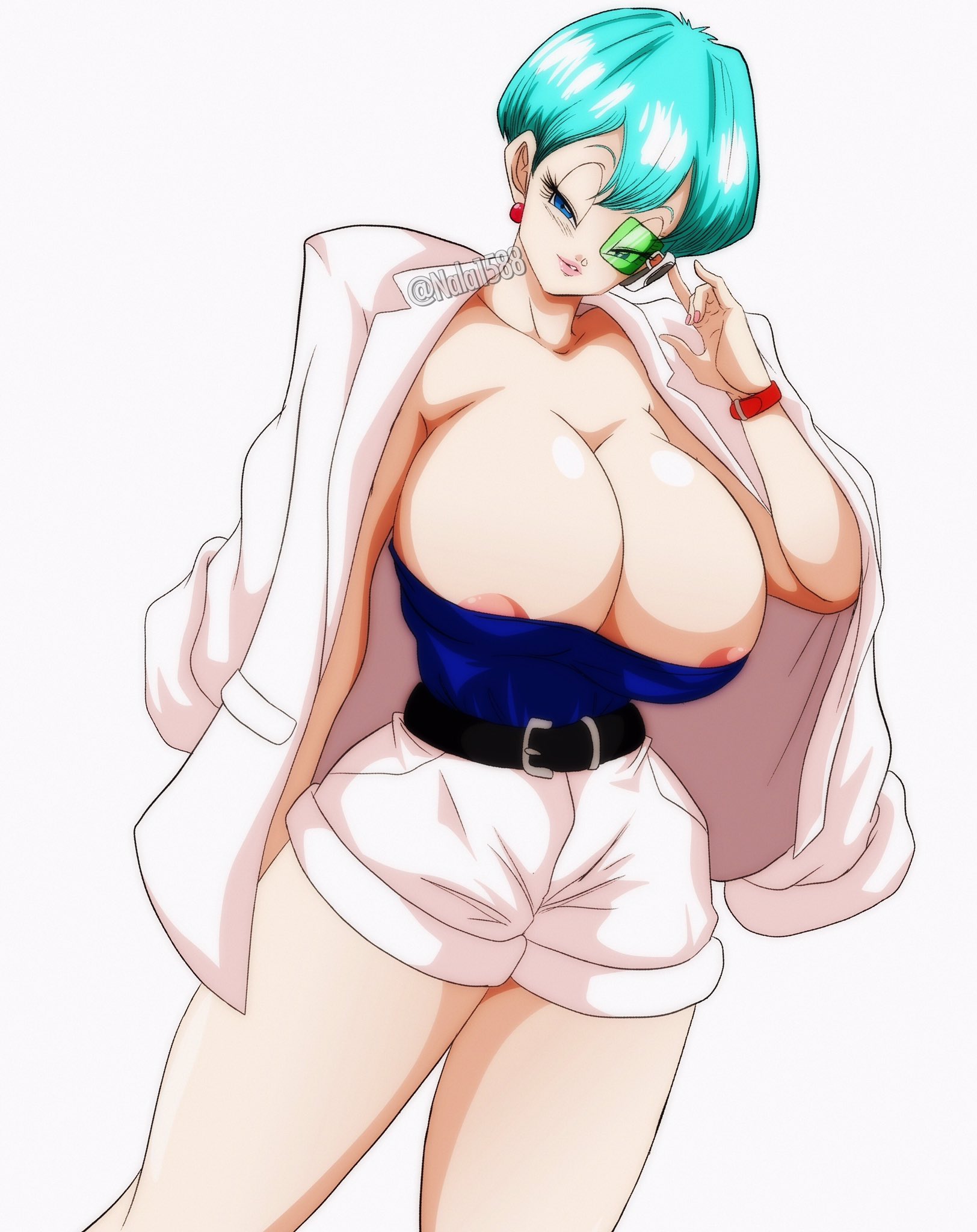 1girls, adjusting eyewear, areola slip, areolae, big breasts, blue hair, breasts, bulma briefs, bulma briefs (beginnings of dragon ball z), bursting breasts, busty, cleavage, dragon ball, dragon ball z, female, female focus, female only, green-tinted eyewear, hourglass figure, huge breasts, milf, nala1588, nipple slip, nipples outside, nipples visible through clothing, overflowing breasts, pose, posing, scouter, shounen jump, solo, solo female, tagme, thick thighs, tinted eyewear, wide hips