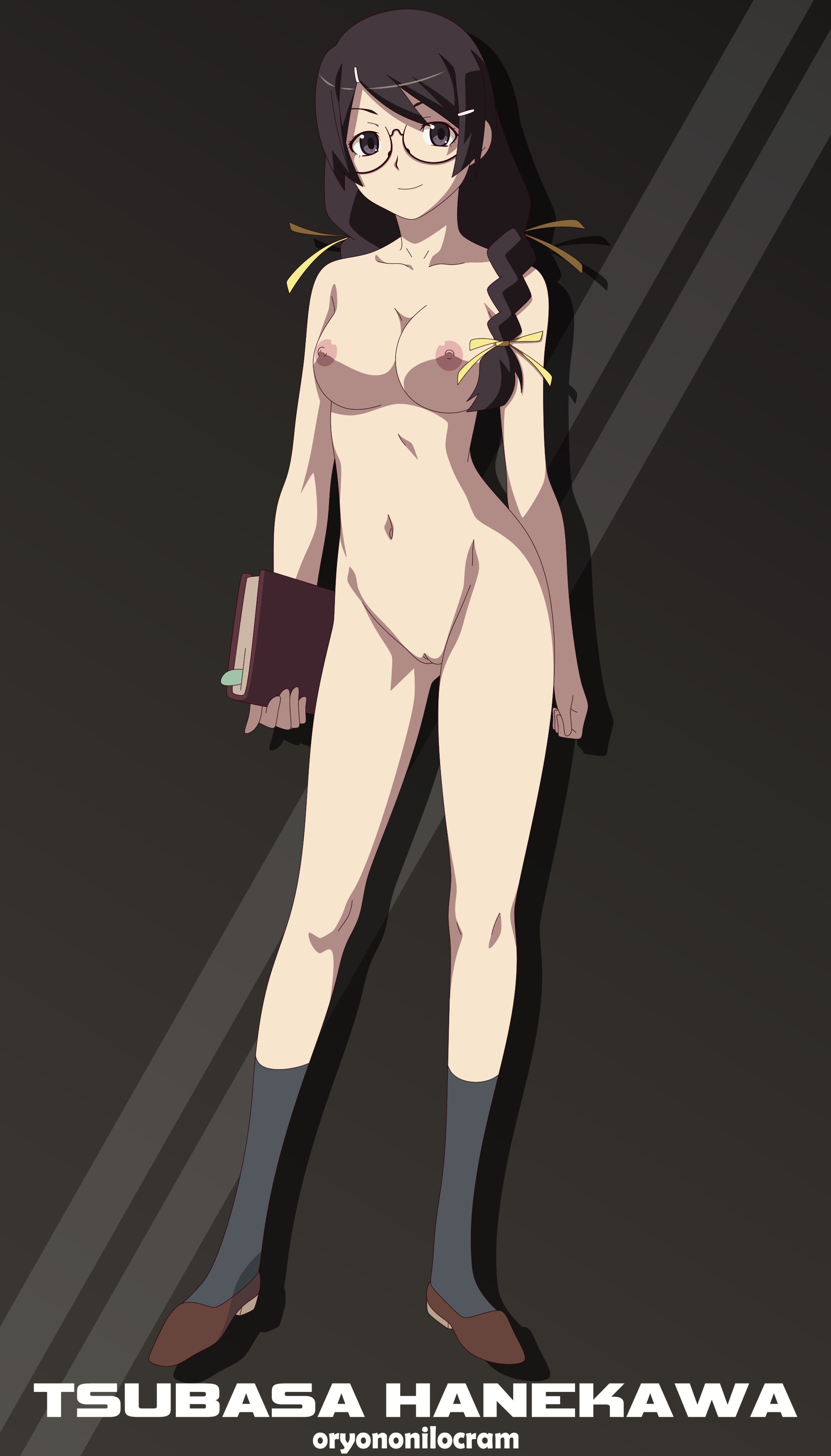 1girls, ass visible through thighs, bakemonogatari, black hair, book, breasts, female, glasses, grey eyes, hanekawa tsubasa, holding, holding book, holding object, long socks, medium hair, monogatari (series), naked footwear, nipples, oryononilocram, pussy, shoes, solo, vagina, white skin