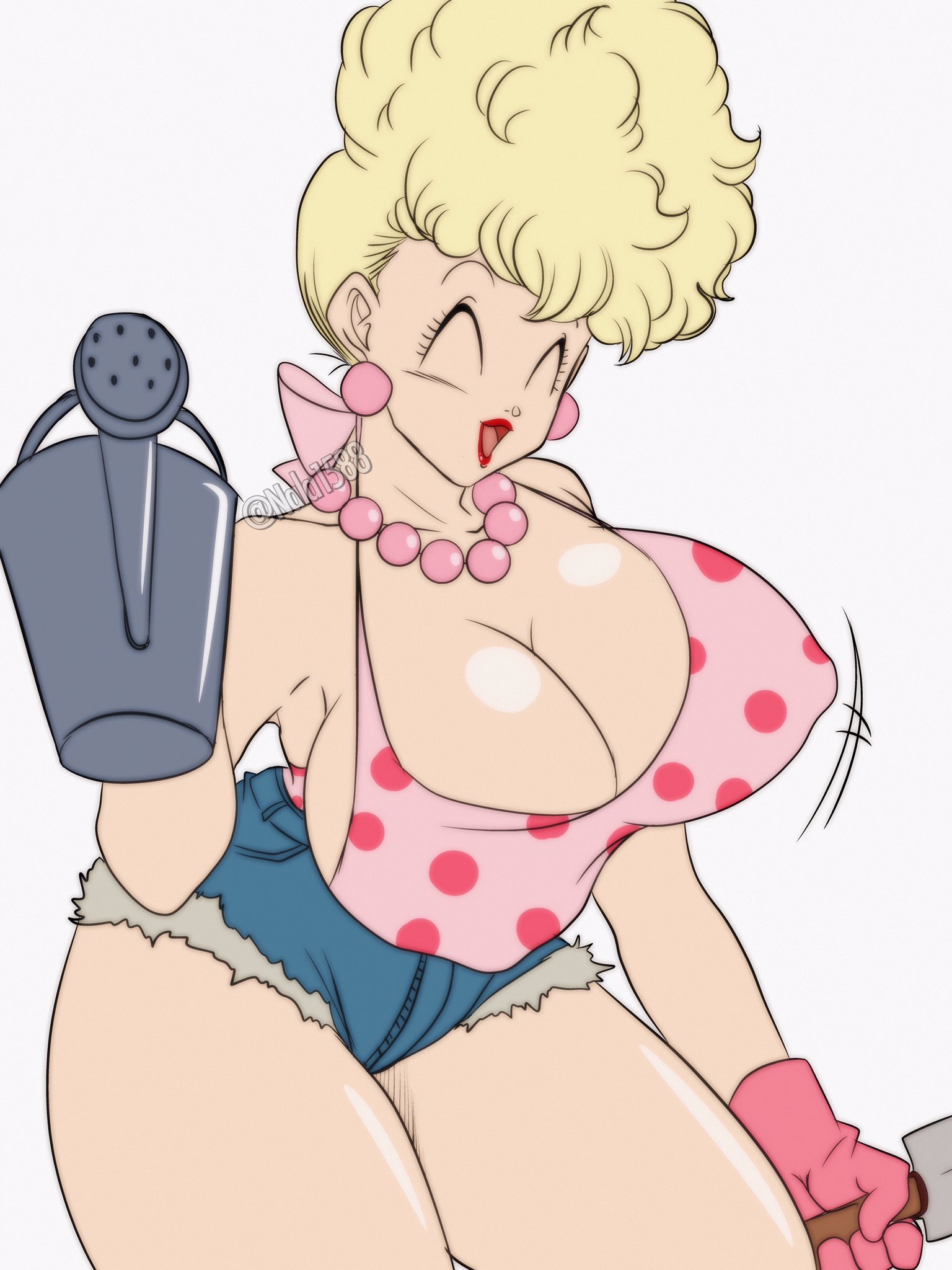 1girls, breasts, cleavage, dragon ball, earrings, female, female only, gloves, huge breasts, milf, motion lines, nala1588, panchy, panchy (dragon ball), panchy briefs, pearl necklace, shounen jump, solo, solo female, thick thighs