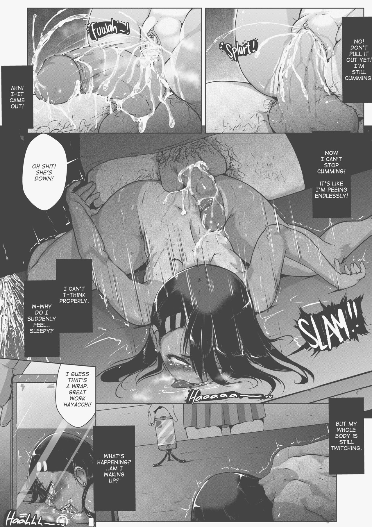 1boy, 2girls, aftersex, balls, balls deep, big penis, black hair, blush, broken rape victim, clothed, clothing, comic, cum, cum in pussy, cum inside, drooling, drugged, english text, erection, face down ass up, female, forced, fucked silly, hayase nagatoro, hi res, long hair, male, monochrome, older dom younger sub, older male, open mouth, pants down, penis, penis on ass, please don't bully me, nagatoro, pubic hair, pussy, rape, sakura (nagatoro), sakura's stalker (nagatoro), saliva, sex, shivering, simple background, tanline, tanlines, text, tight fit, tongue, tongue out, top-down bottom-up, tyronestash, ugly bastard, vaginal penetration, virgin, white background, younger female