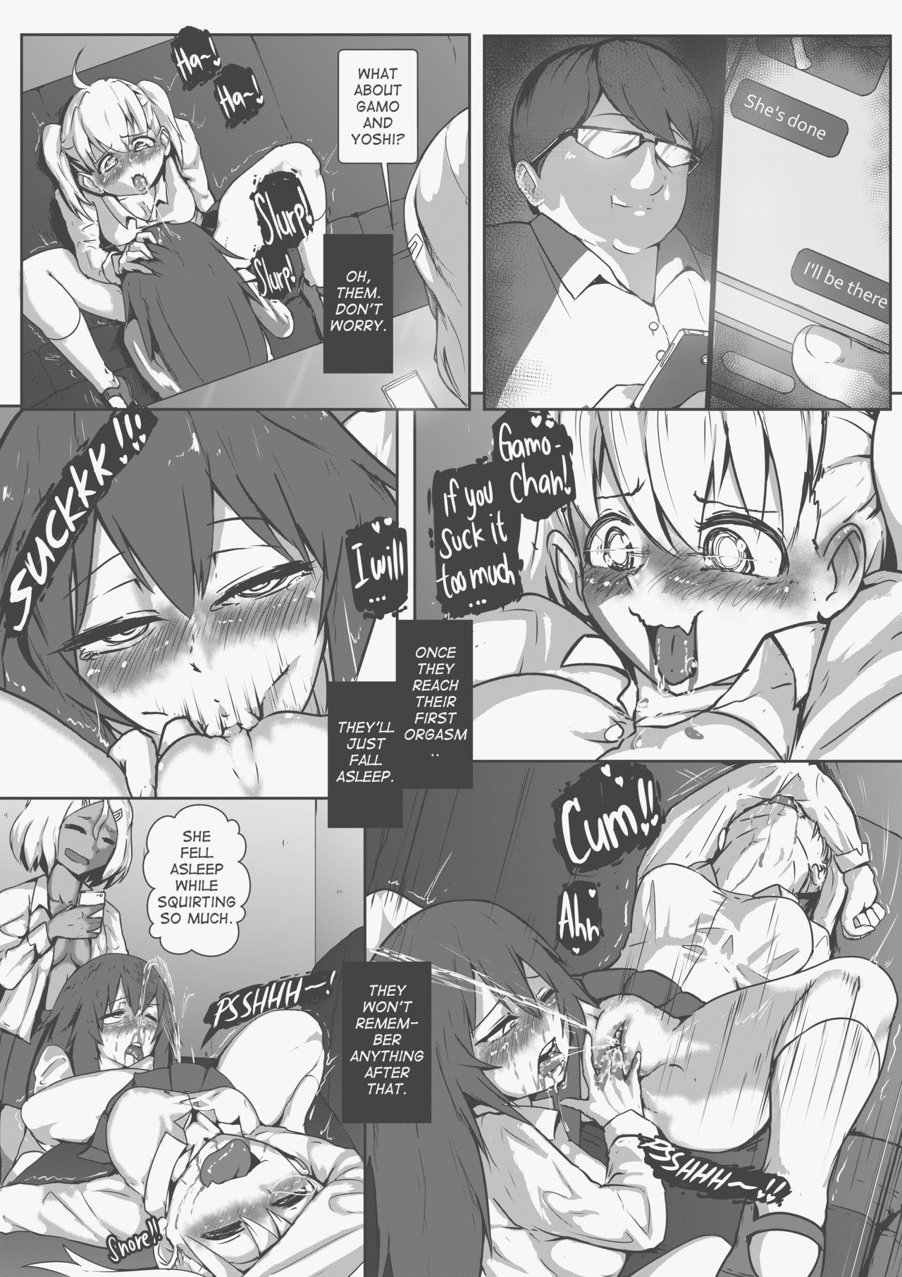 1boy, 3girls, big breasts, blonde hair, breasts, cleavage, clothed, clothing, comic, cunnilingus, drugged, english text, female, fingering, forced, gamo-chan, hi res, male, monochrome, open mouth, orgasm, overstimulation, please don't bully me, nagatoro, rape, revealing clothes, sakura (nagatoro), sakura's stalker (nagatoro), saliva, simple background, smile, spread legs, squirting, tears, text, tongue, tongue out, tyronestash, white background, yoshi (nagatoro), yuri