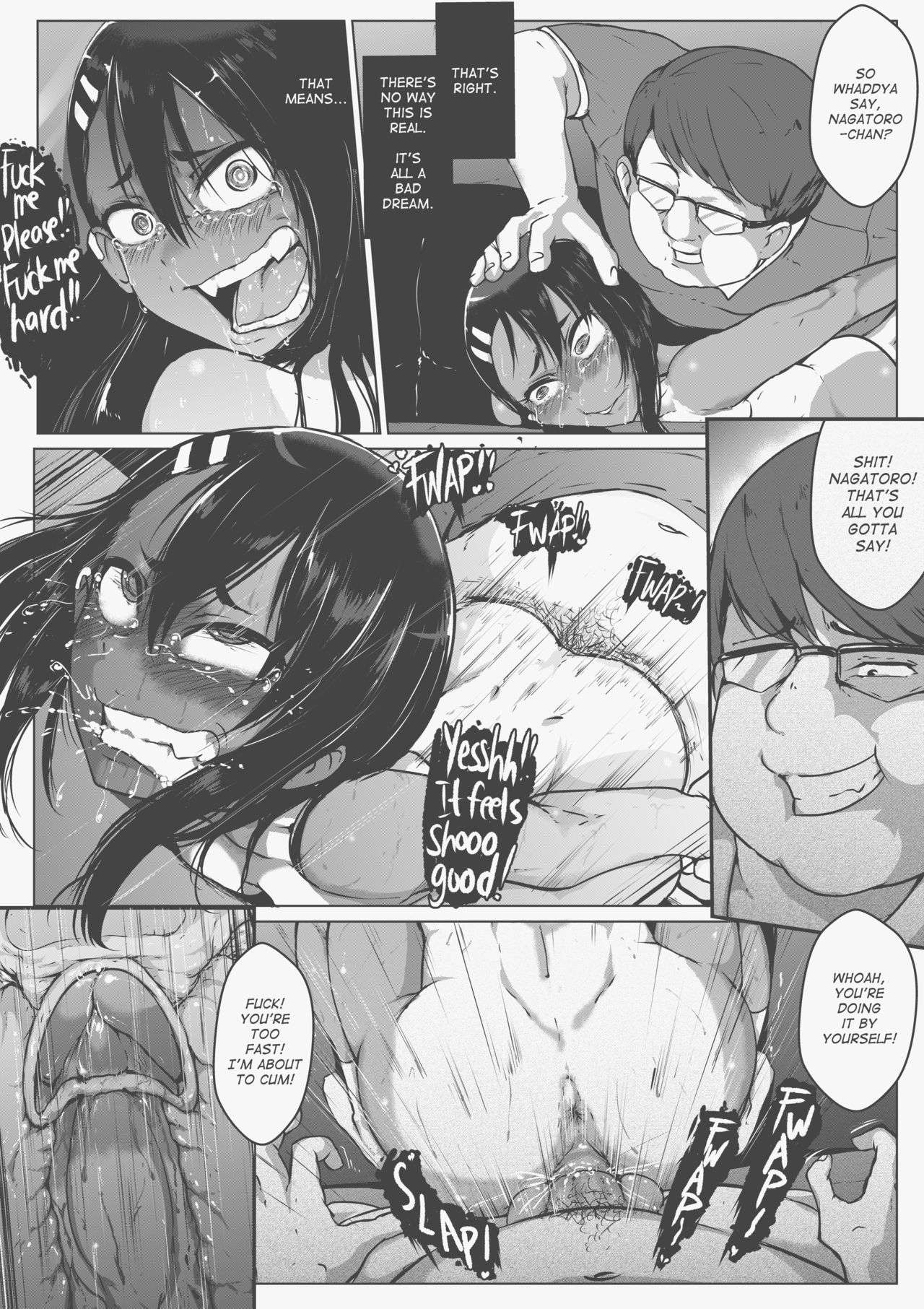 1boy, 1girls, age difference, balls, balls deep, big penis, black hair, blush, broken rape victim, cervical penetration, clenched teeth, clothed, clothing, comic, crying, cute fang, dimples of venus, doggy style, drugged, english text, erection, eyes rolling back, fat male, female, forced, fucked silly, glasses, gritted teeth, hairy, hairy balls, hairy legs, hairy male, hayase nagatoro, hi res, long hair, male, male pubic hair, monochrome, older dom younger sub, older male, older male and younger female, older penetrating younger, open mouth, pants down, penis, please don't bully me, nagatoro, pubic hair, pussy, rape, sakura's stalker (nagatoro), saliva, schoolgirl, sex, short hair, simple background, straight, tanline, tanlines, tears, teenage female, teenager, text, tight fit, tyronestash, ugly bastard, vaginal penetration, virgin, white background, x-ray, younger female