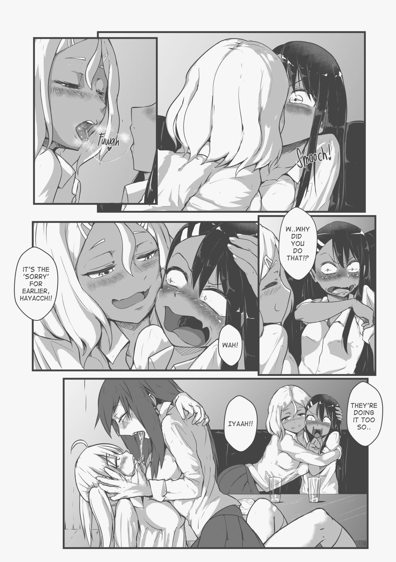4girls, big breasts, black hair, blonde hair, blush, breasts, closed eyes, clothed, clothing, comic, drugged, english text, female, female focus, female only, finger in mouth, fingers in another's mouth, forced, gamo-chan, hayase nagatoro, heavy breathing, hi res, karaoke, kissing, long hair, medium breasts, medium hair, monochrome, open mouth, please don't bully me, nagatoro, rape, revealing clothes, sakura (nagatoro), saliva, saliva on tongue, saliva string, saliva swap, saliva trail, salivating, schoolgirl, shocked, simple background, sitting, smile, spit in mouth, surprised, text, tongue, tongue out, tyronestash, white background, yoshi (nagatoro), yuri