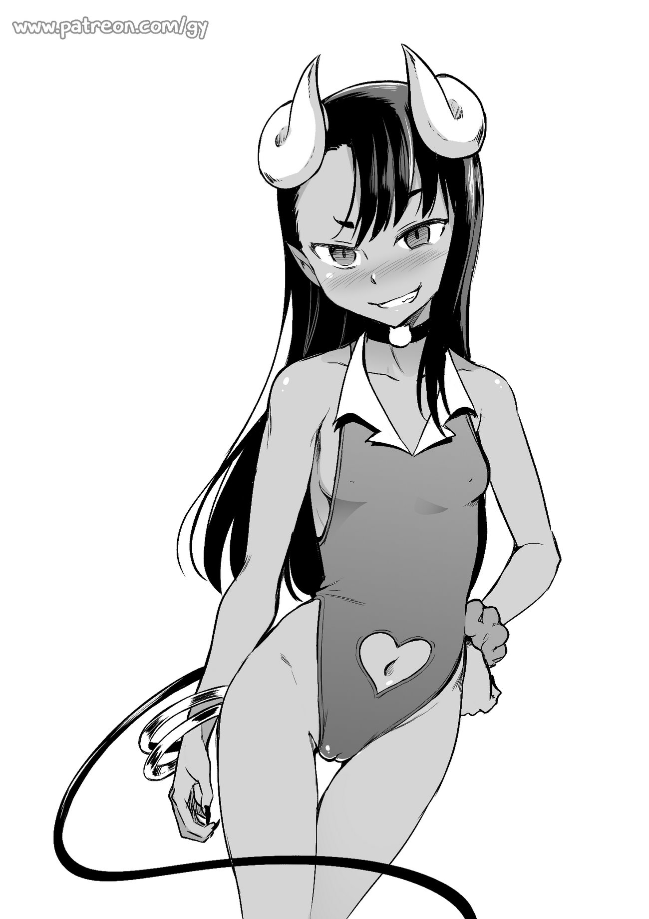1girls, black hair, blush, cameltoe, clothed, clothing, demon, demon girl, female, female focus, female only, ghettoyouth, hayase nagatoro, hi res, horn, horns, lingerie, long hair, looking at viewer, monochrome, navel, nipples, please don't bully me, nagatoro, pose, pussy, revealing clothes, simple background, smile, solo, standing, watermark, white background