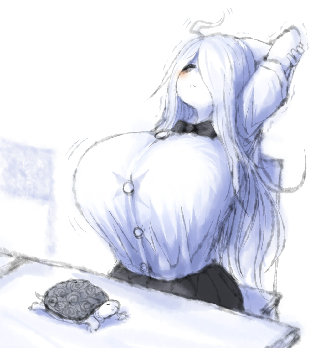 2b213, ahoge, big breasts, blush, breasts, female, hair over one eye, huge breasts, mei (2b213), school uniform, schoolgirl, stretching, turtle