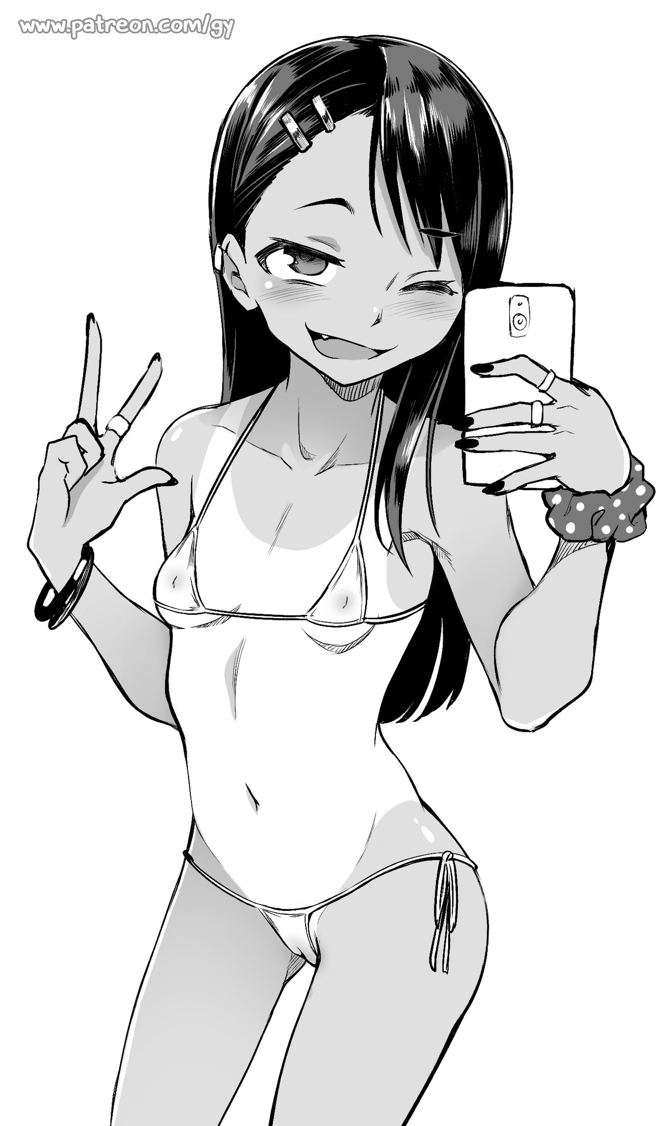 1girls, bikini, black hair, blush, clothed, clothing, female, female focus, female only, ghettoyouth, hayase nagatoro, hi res, long hair, looking at viewer, monochrome, navel, nipples, please don't bully me, nagatoro, pose, revealing clothes, selfie, simple background, smile, solo, standing, transparent clothing, watermark, white background, wink