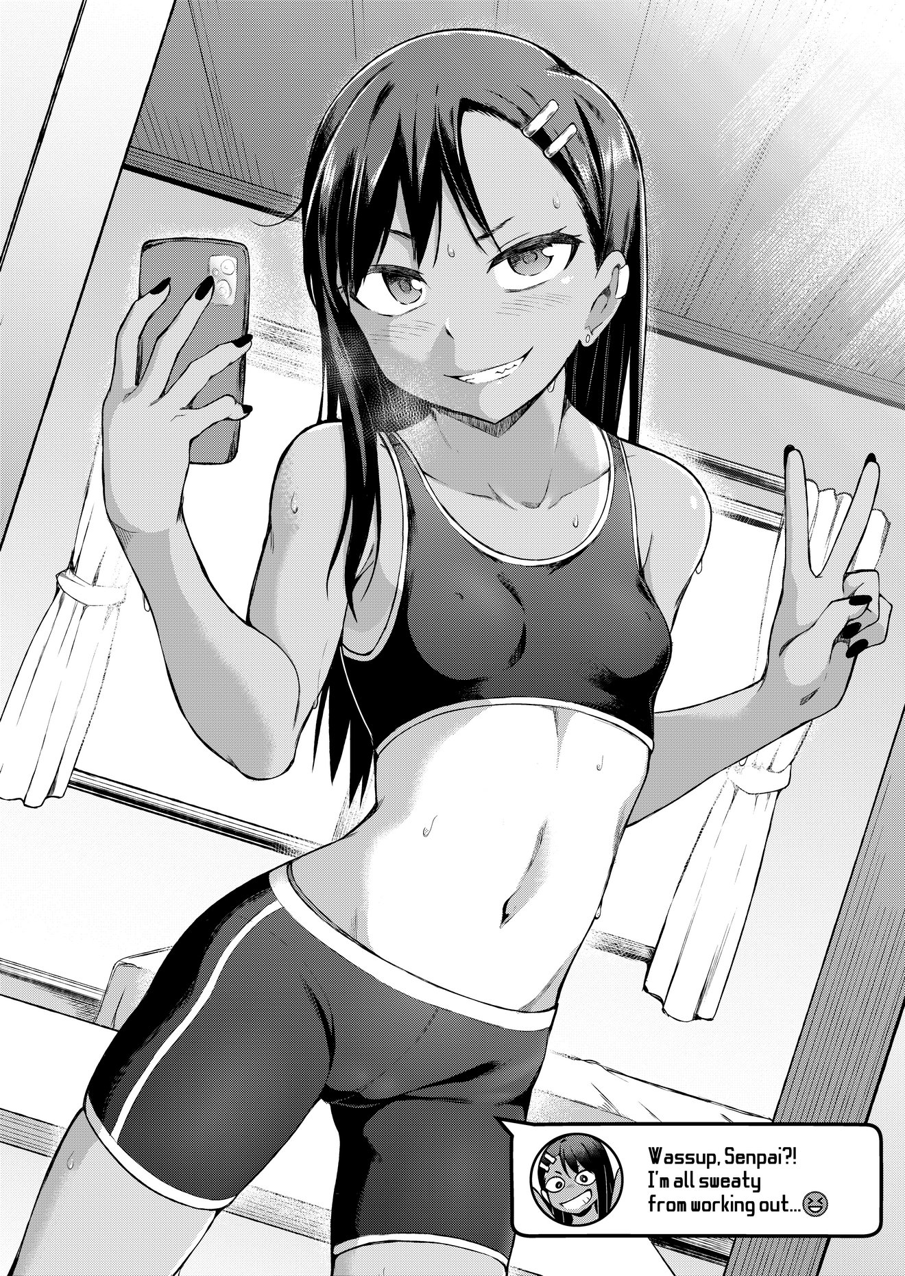 1girls, athletic, athletic female, bike shorts, black hair, blush, cameltoe, comic, english text, female, female focus, female only, ghettoyouth, hayase nagatoro, heavy breathing, hi res, long hair, looking at viewer, monochrome, navel, peace sign, phone, please don't bully me, nagatoro, pose, pussy, selfie, simple background, smile, solo, spats, sports bra, sweat, tan-skinned female, tanline, tanned, text, white background