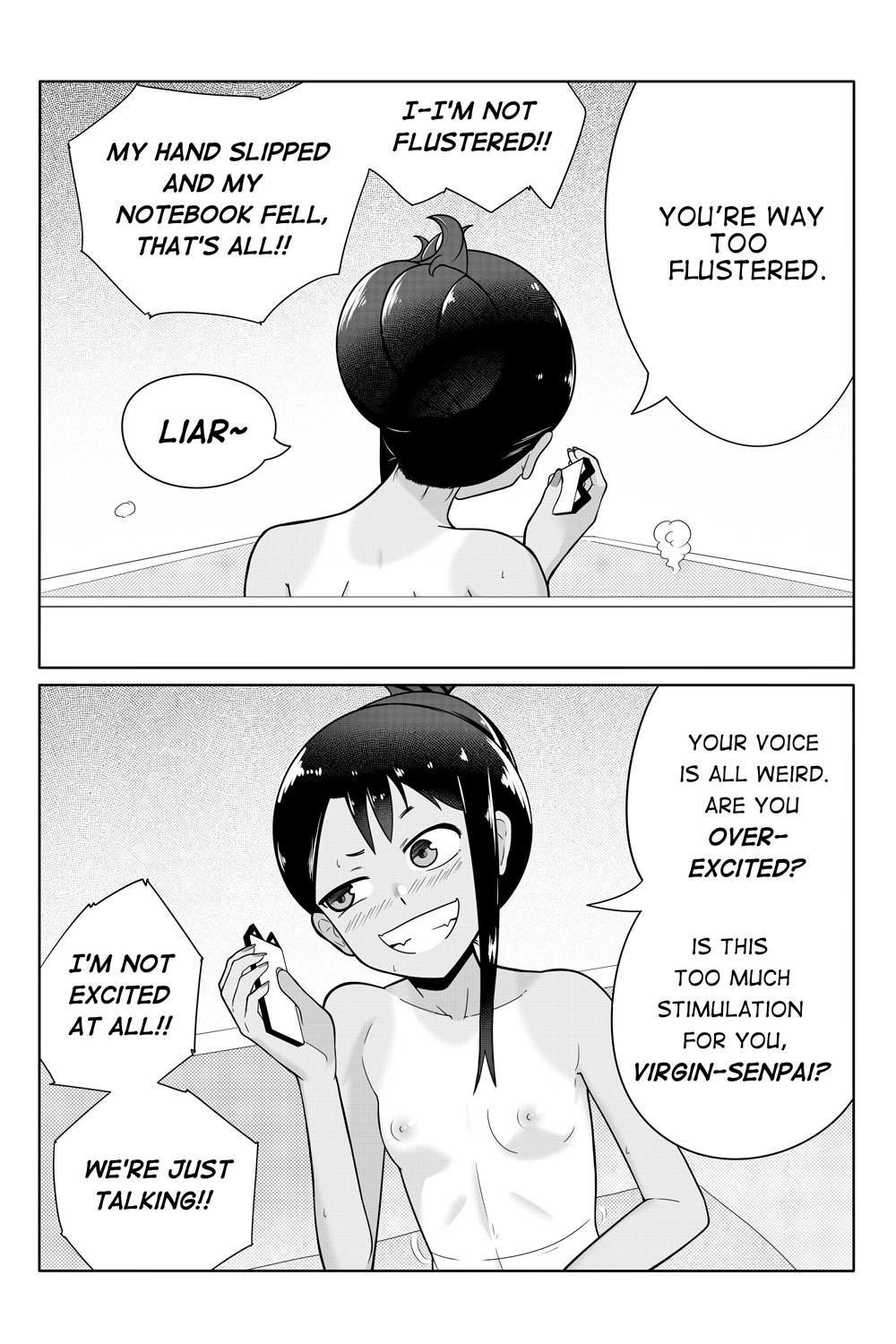 1girls areolae bathroom bathtub black_hair blush breasts comic english_text female_focus hayase_nagatoro laying_down long_hair monochrome naoto_hachioji_(senpai) nipples nude phone please_don't_bully_me,_nagatoro simple_background small_breasts smile szmitten tanline tanned text white_background