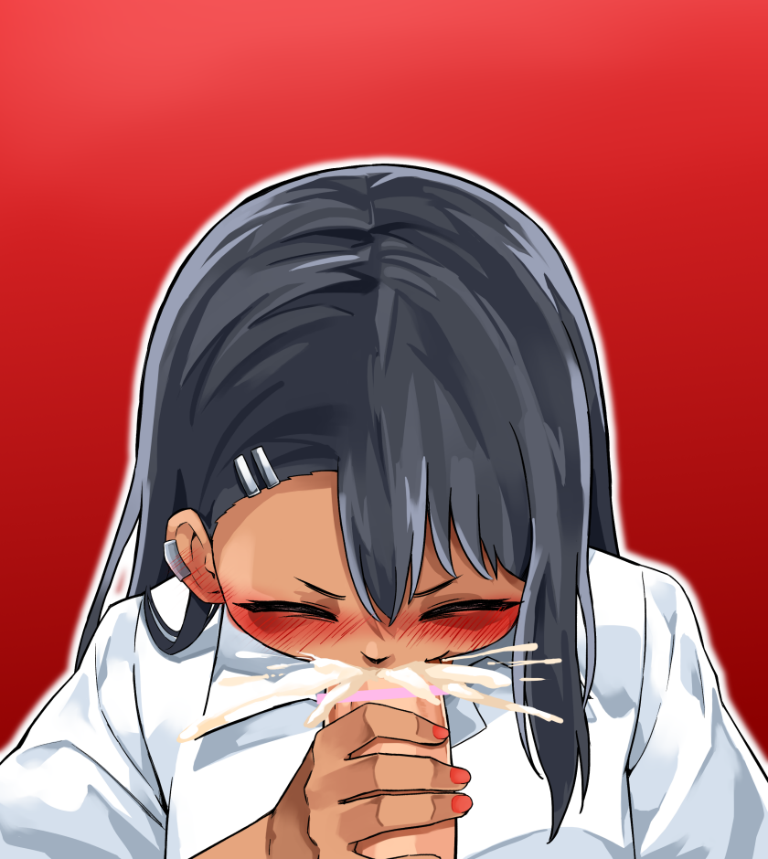 1boy 1girls big_penis black_hair blush censored closed_eyes clothed clothing cum cum_in_mouth cum_inside cute cute_fang erection fellatio handjob hayase_nagatoro long_hair michomicho naoto_hachioji_(senpai) naughty_face open_mouth oral pants_down penis petite please_don't_bully_me,_nagatoro pov red_background revealing_clothes simple_background teenager veiny_penis