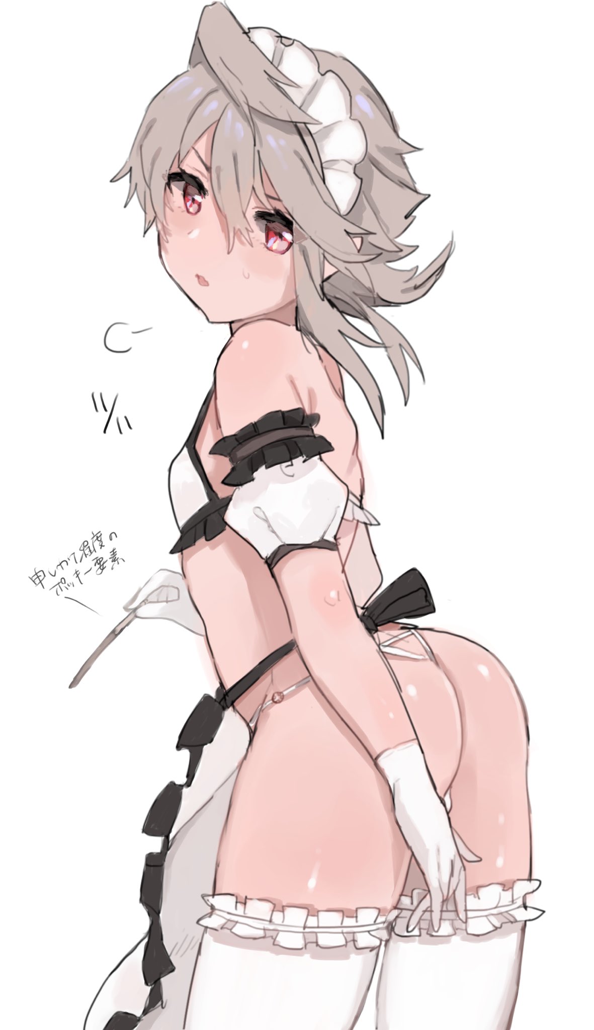 :o, 1boy, angry, apron, ass, bikini, blonde hair, corrin (fire emblem), corrin (fire emblem) (male), crossdressing, eyelashes, femboy, fire emblem, fire emblem fates, frills, gay, girly, gloves, highres, looking at viewer, maid, maid headdress, male, male only, micro bikini, nintendo, otoko no ko, pointy ears, red eyes, shoulder blades, swimsuit, text, thighhighs, translation request, trap, w (1999 kyu), white background