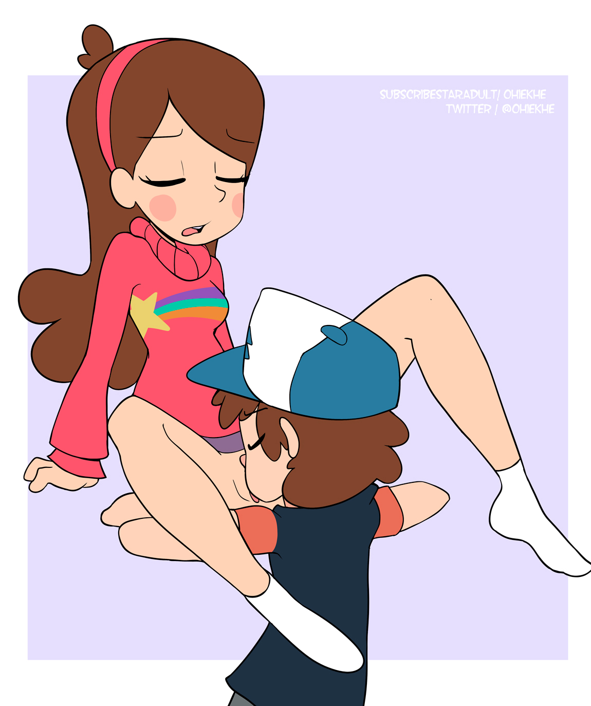 1boy, 1girl, arm support, artist name, baseball cap, blush stickers, border, bottomless, breasts, brother and sister, brown hair, closed eyes, cunnilingus, dipper pines, flat color, gravity falls, hairband, hat, hetero, incest, long hair, long sleeves, mabel pines, ohiekhe, open mouth, oral, pink hairband, purple background, pussy, shirt, short sleeves, siblings, simple background, sitting, socks, spread legs, sweater, tongue, turtleneck, turtleneck sweater, twincest, u u, uncensored, web address, white border, white legwear