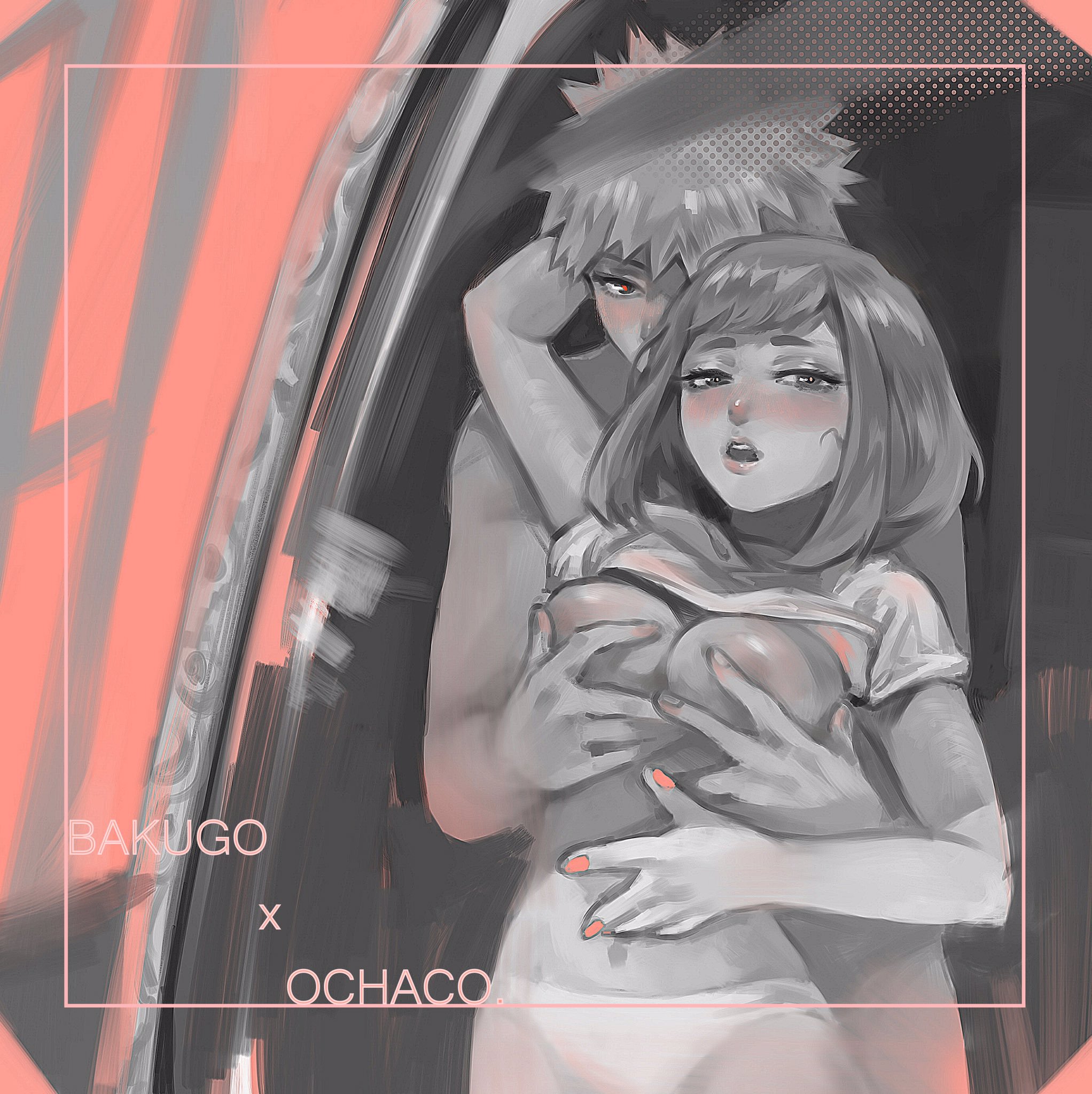 1boy, 1girls, blush, breast fondling, breast grab, breast squeeze, breasts, breasts out, embracing, female, fondling breast, hand on breast, hugging from behind, katsuki bakugou, limited palette, male, male/female, mirror, monochrome, my hero academia, ochako uraraka, open mouth, passionate, sensual, shirt lift, shirt up, spiky hair, straight