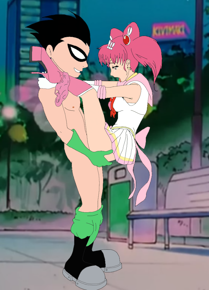 1boy 1girls artist_request bishoujo_senshi_sailor_moon black_hair chibi_usa clothed_female_nude_male clothed_sex clothing crossover crying dc dc_comics dick_grayson earrings eastern_and_western_character gloves hands_on_ass male panties pink_hair pink_panties robin_(dc) robin_(dick_grayson) sailor_chibi_moon skirt small_breasts tagme teen_titans teen_titans_go tongue_out