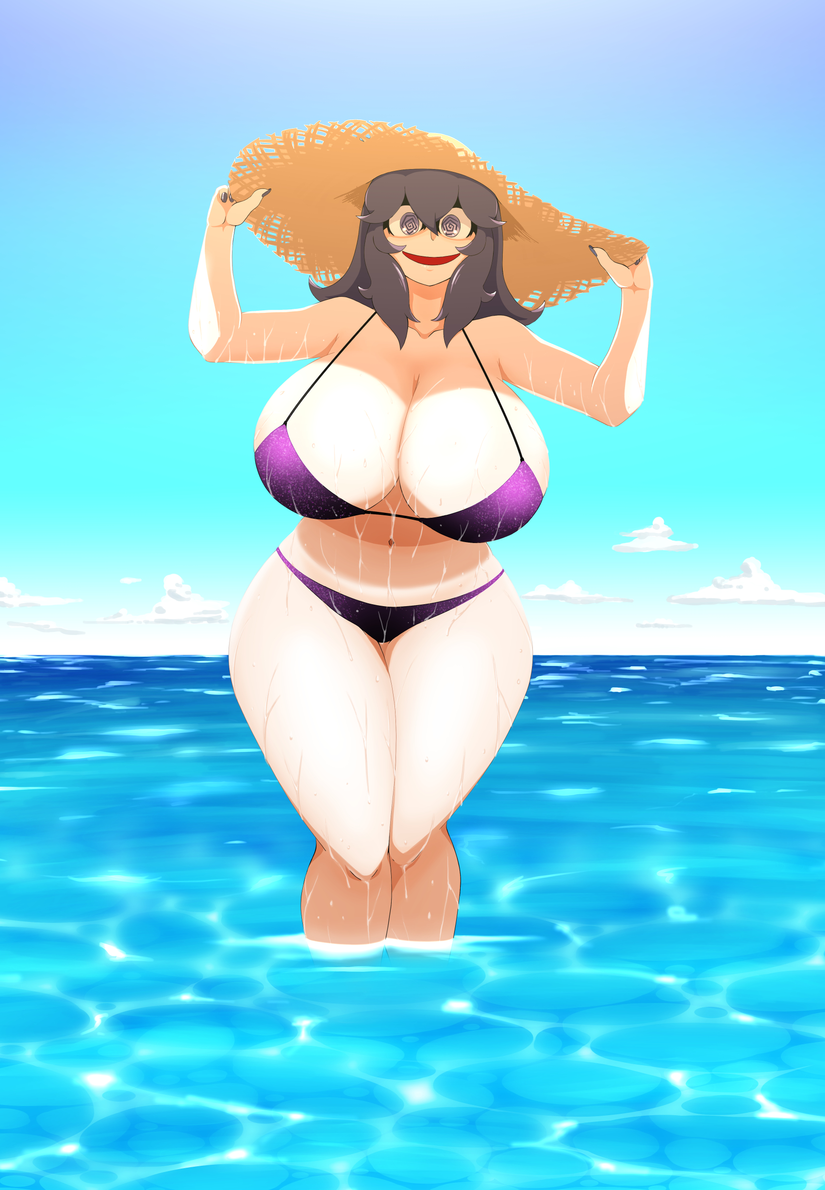 1girls, alternate breast size, beach, bikini, breasts, cloud, curvaceous, curvy, day, female, game freak, hex maniac, huge breasts, long hair, looking at viewer, nikkana, nintendo, ocean, open mouth, outdoors, partially submerged, plump, pokemon, pokemon xy, purple hair, sky, smile, sun hat, voluptuous, wet