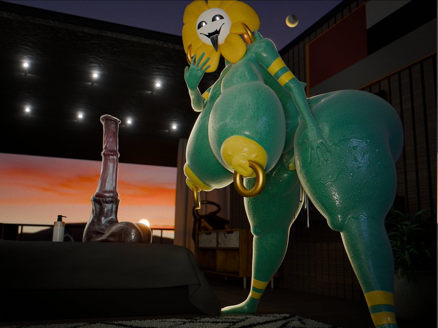 ass bigger than head, bedroom, bending forward, breasts bigger than head, dildo, evil smile, flower, flowey, flowey (undertale), flowey the flower, flowey with a body, green body, green skin, horsecock, jaeblorocks, looking at viewer, mistress flowey (jaeblorocks), nipple piercing, petals, plant, plant girl, plant humanoid, ring piercing, rule 63, tounge out, undertale, undertale (series), wet body, wet pussy, white eyes