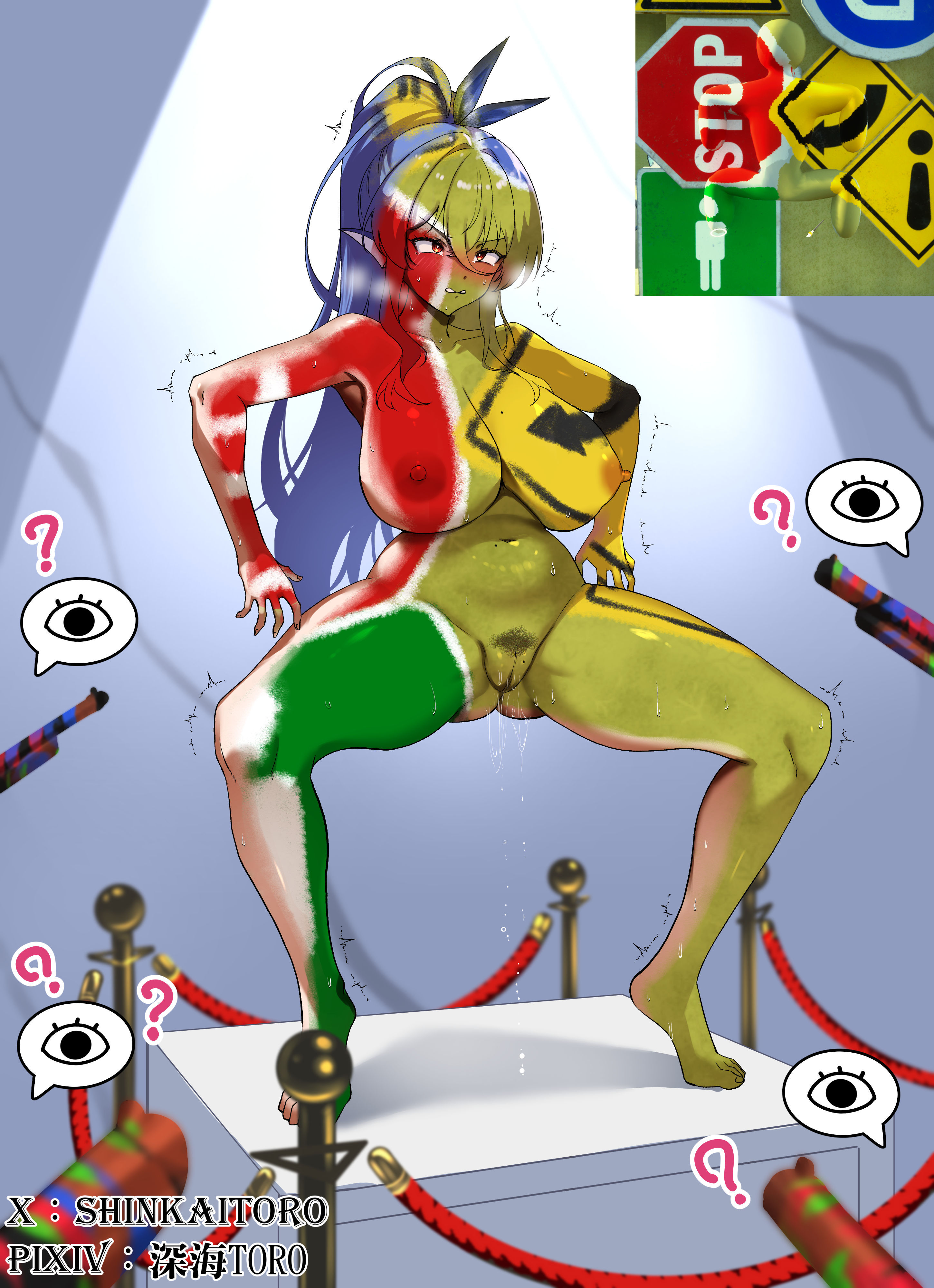 ?, 1boy, 1girl, absurdres, ass, barefoot, big ass, big breasts, body paint, bodypaint, breasts, commentary request, completely nude, completely nude female, faceless, female, full body, gun, hiding, highres, huge breasts, legs, legs spread, meccha chameleon, naked, naked female, naked paint, nipples, nude, nude female, original, pointy ears, pussy, shinkai toro, shiny skin, shotgun, sidelocks, sweat, thick, thick ass, thick thighs, thighs, weapon