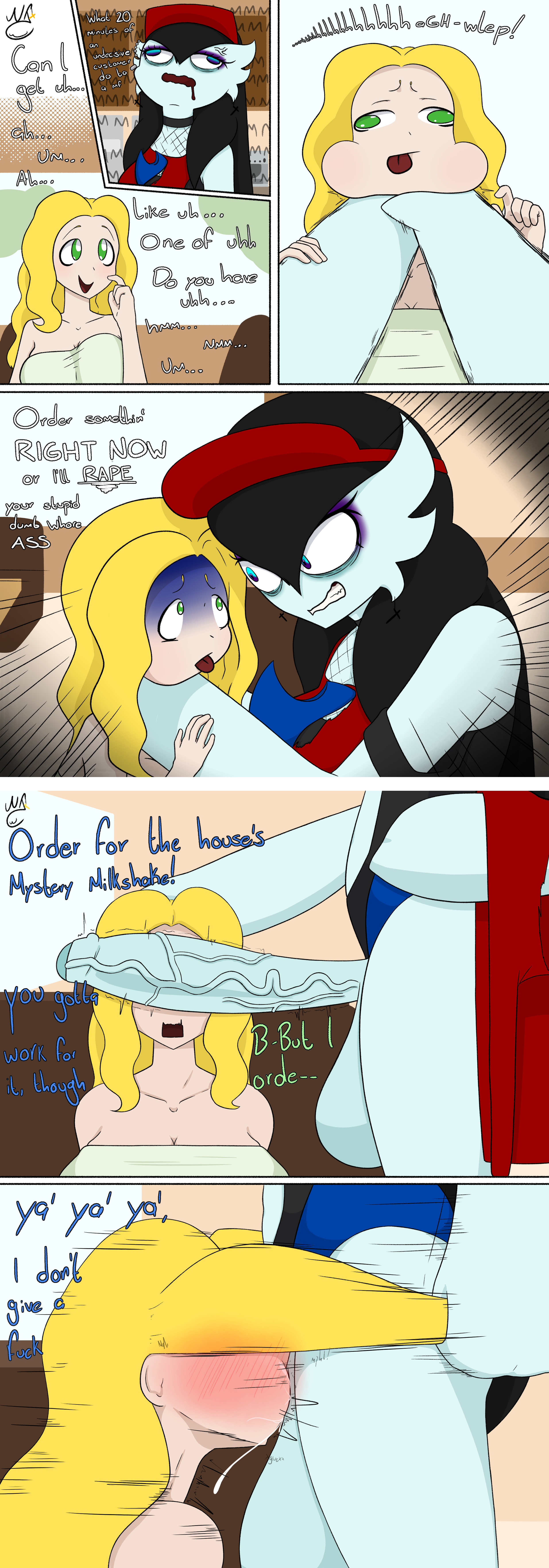1futa, 1girls, angry, angry expression, black hair, blonde hair, blue eyes, blush, blushing, cheek bulge, choke hold, choking, cock, coffee shop, comic, comic panel, comic strip, cum, cum in mouth, darkevoir (nekojaanai), fellatio, futanari, gardevoir, green eyes, huge cock, huge penis, long hair, nekojaanai, oc, penis, pokemon, pokemon (species), pulling hair, rape, simple coloring, simple shading, speaking, text, veiny penis, white skin