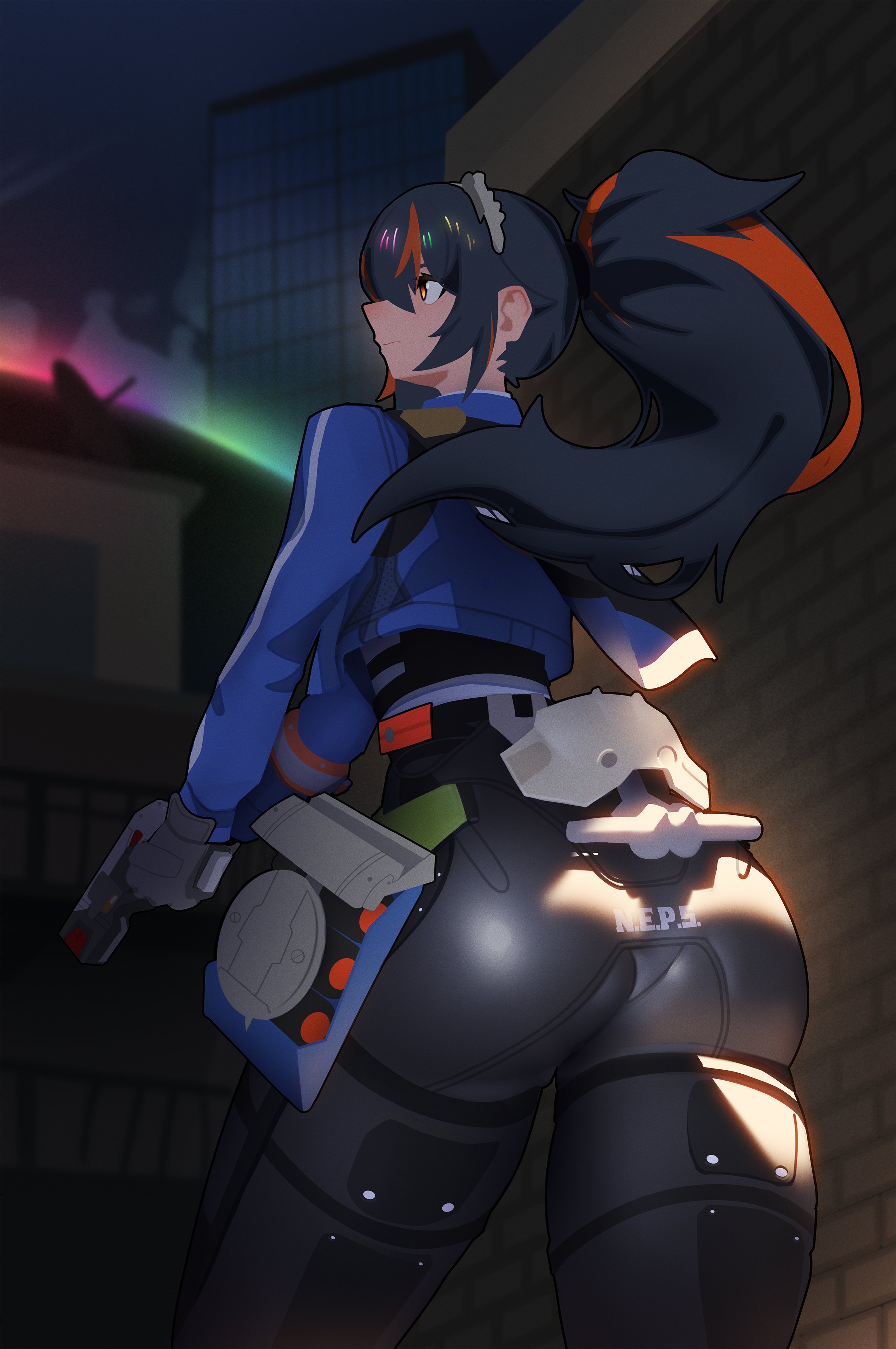 1girls, artist request, ass, big ass, big butt, female, female focus, female only, large ass, light skin, light-skinned female, police uniform, policewoman, solo, thick thighs, thighs, wide hips, zenless zone zero, zhu yuan